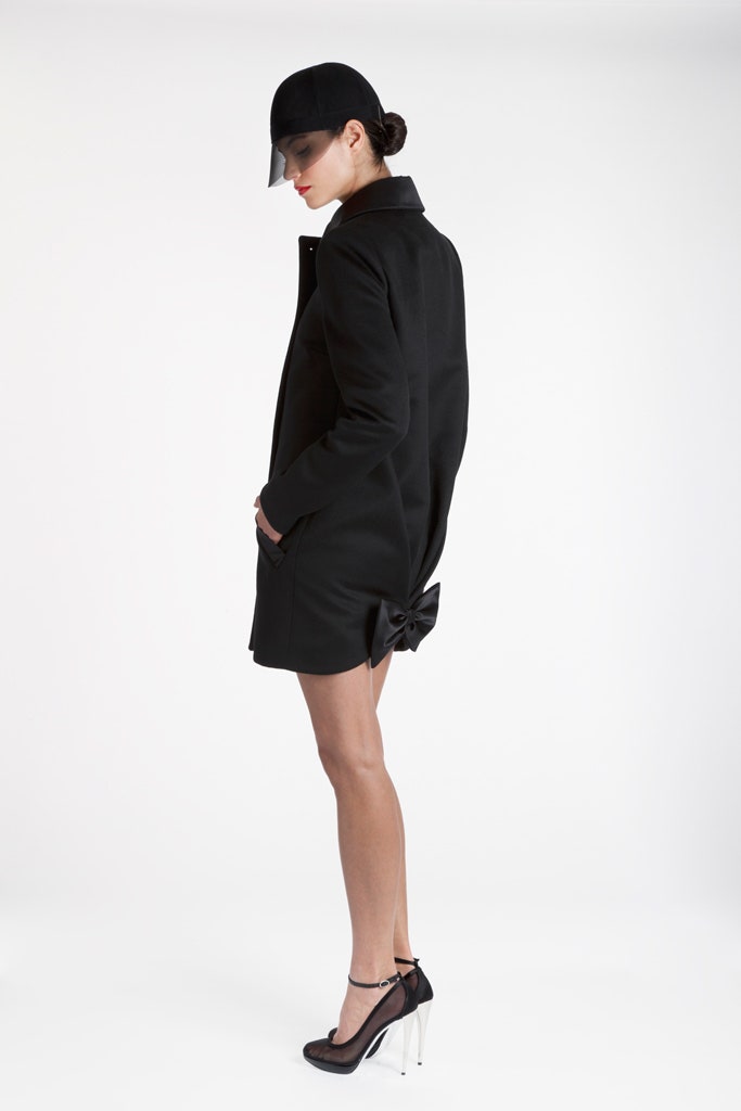 black wool long-sleeve collared fitted buttoned draped coat