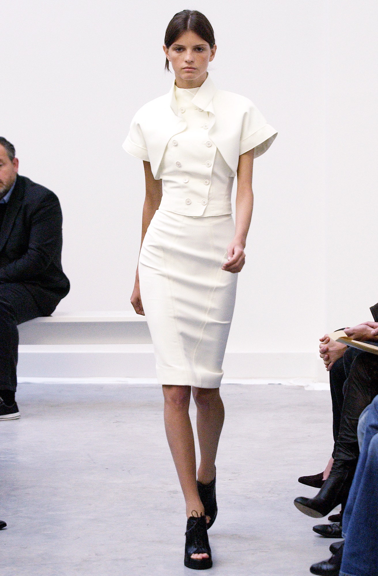 white fitted midi dress with jacket
