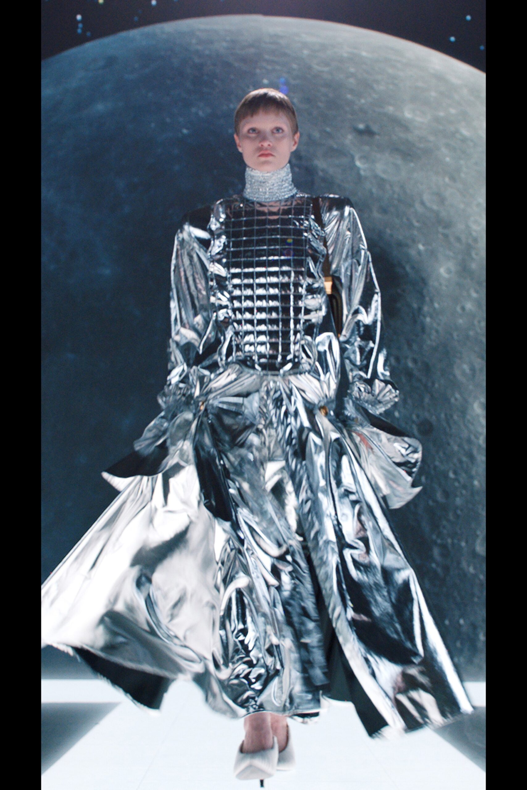 shiny silver metallic gown