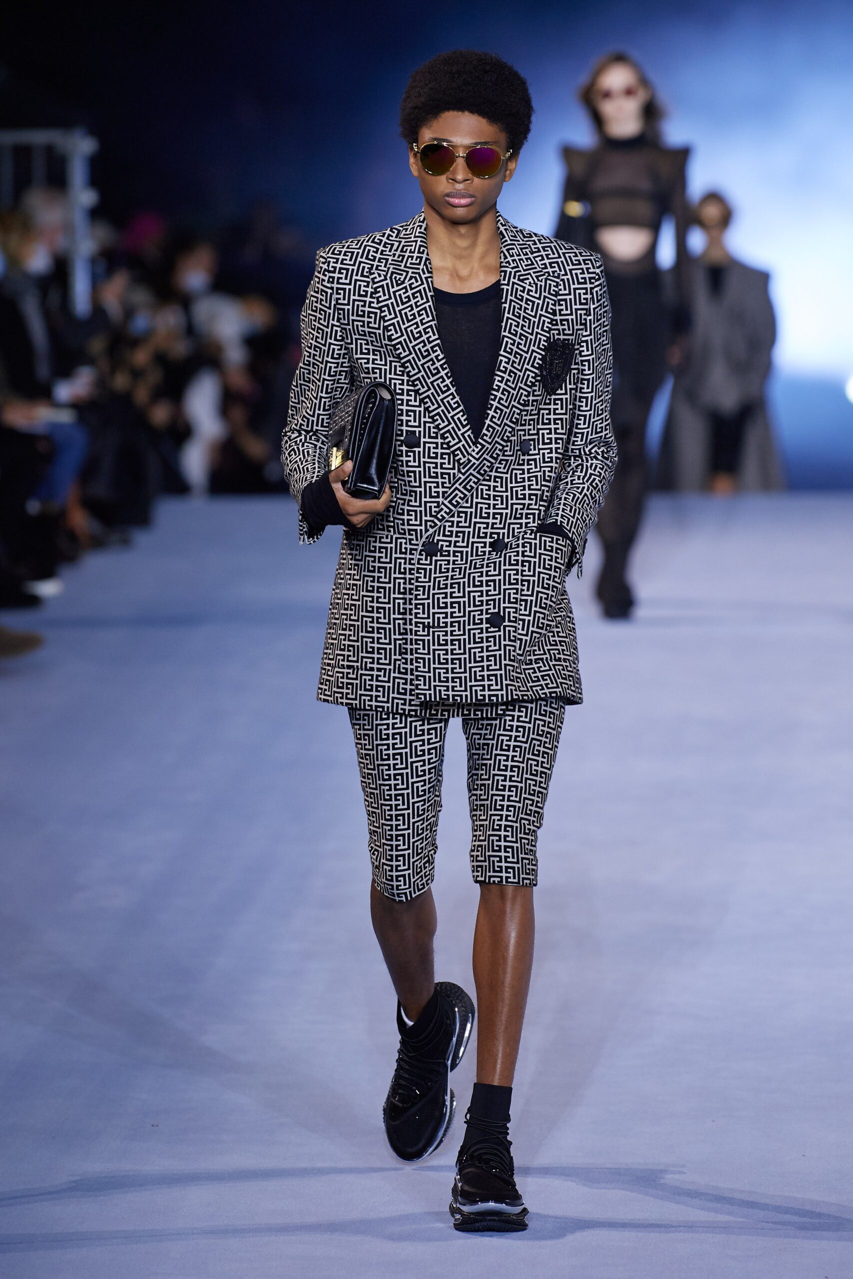 black and white printed blazer and shorts