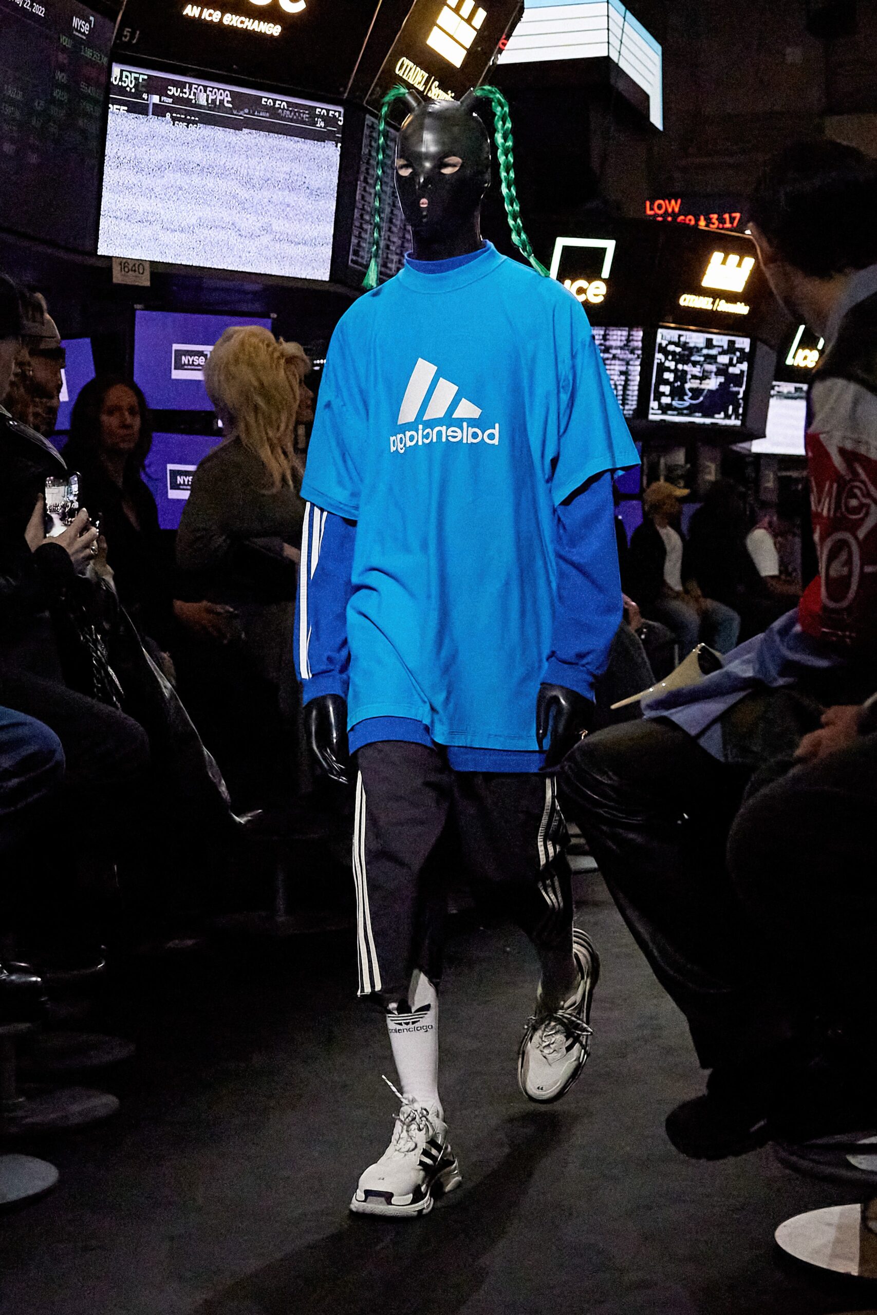 blue oversized t-shirt with black cargo pants