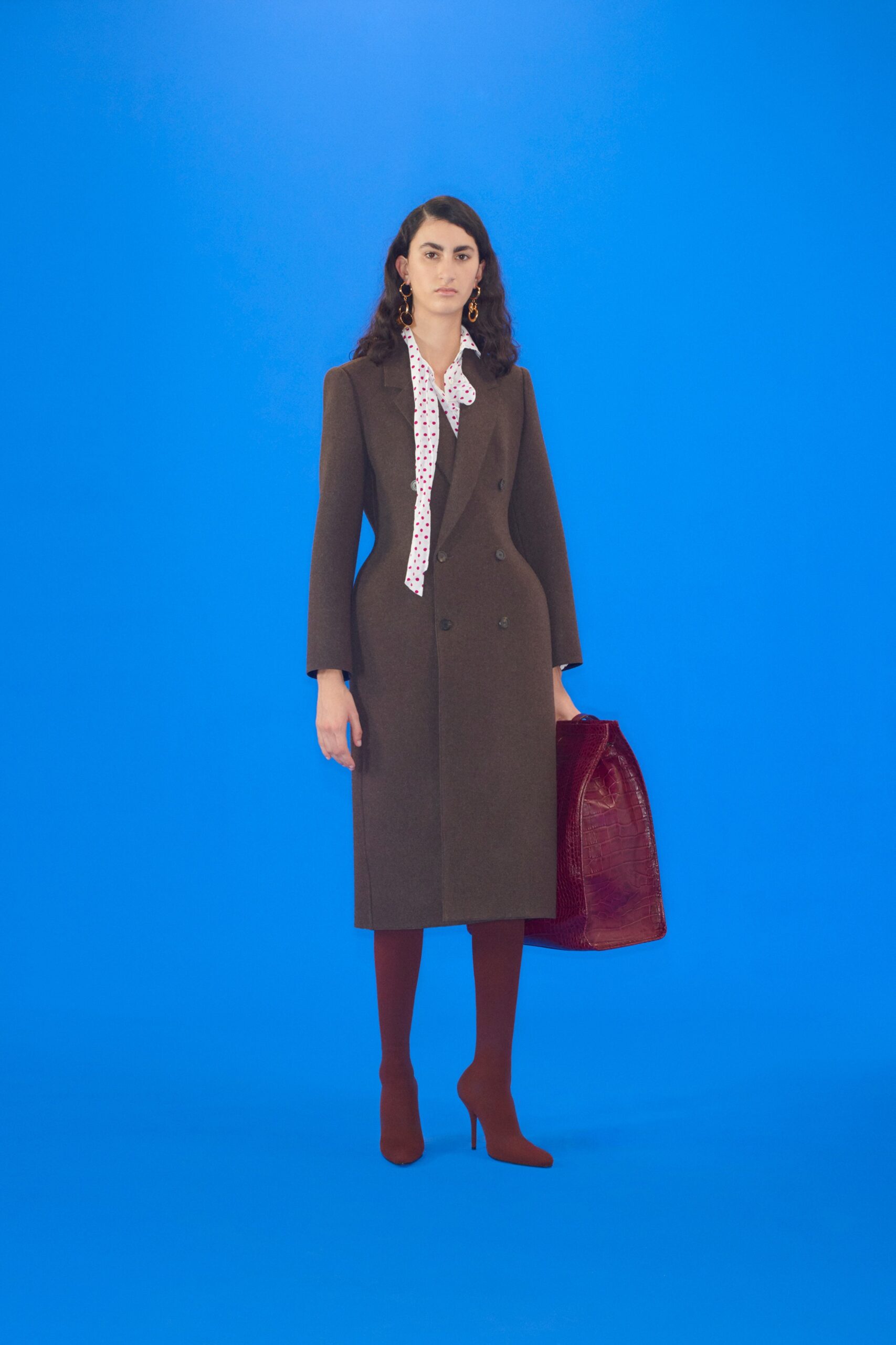 brown wool long-sleeve collared tailored straight-leg midi coat