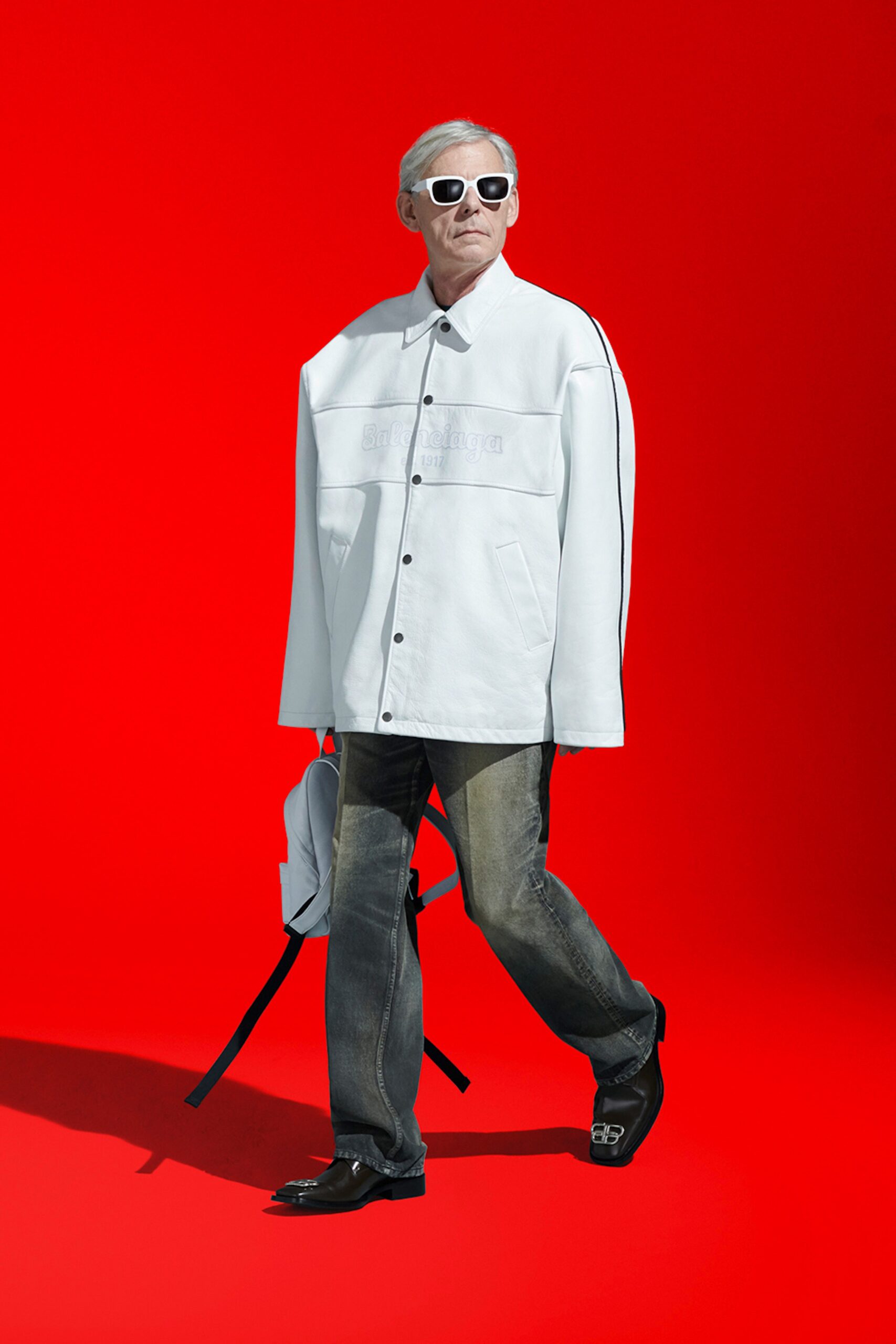 oversized white jacket with gray pants