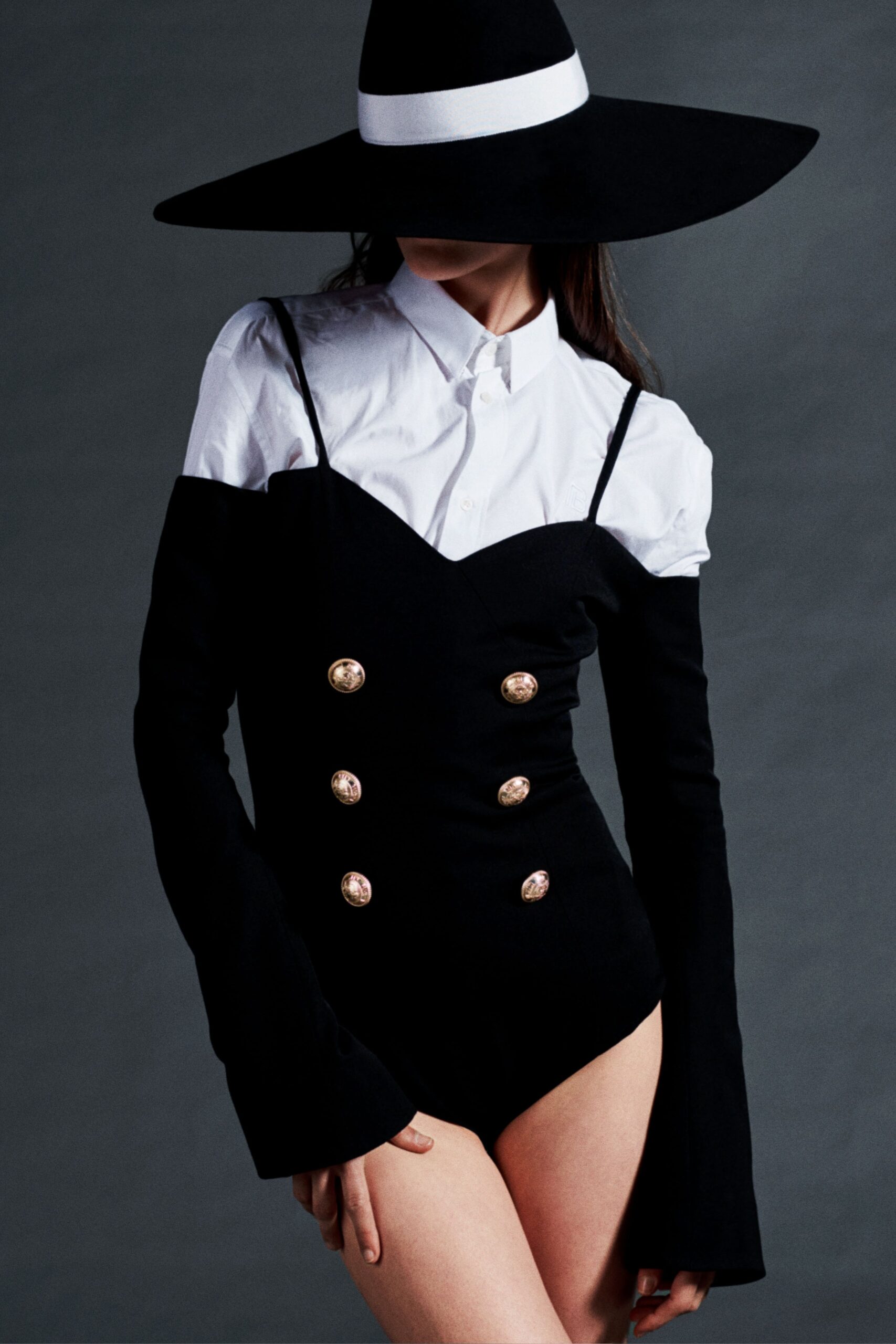 black cotton long-sleeve collared fitted buttoned bodysuit