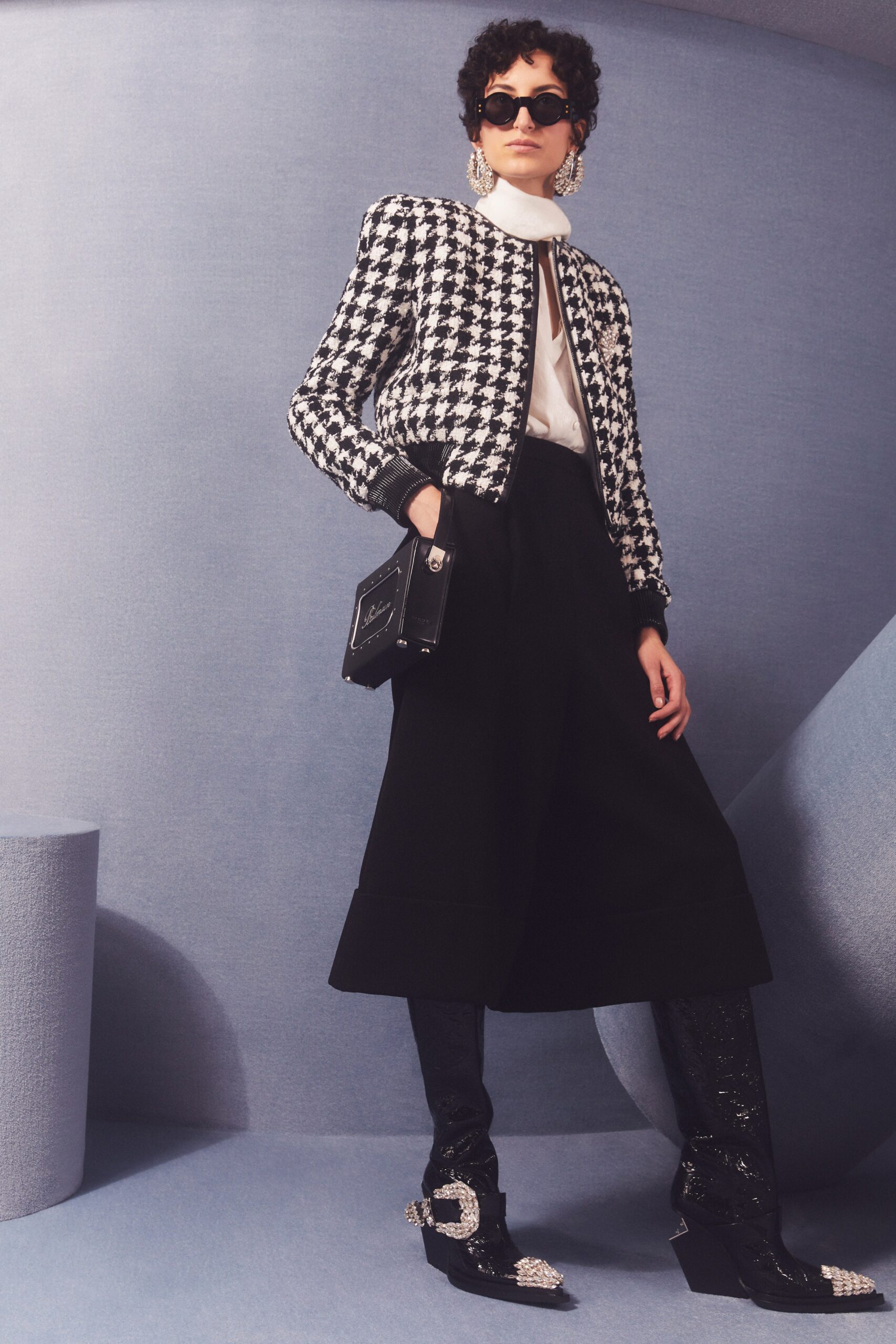 black and white checked jacket with wide-leg pants