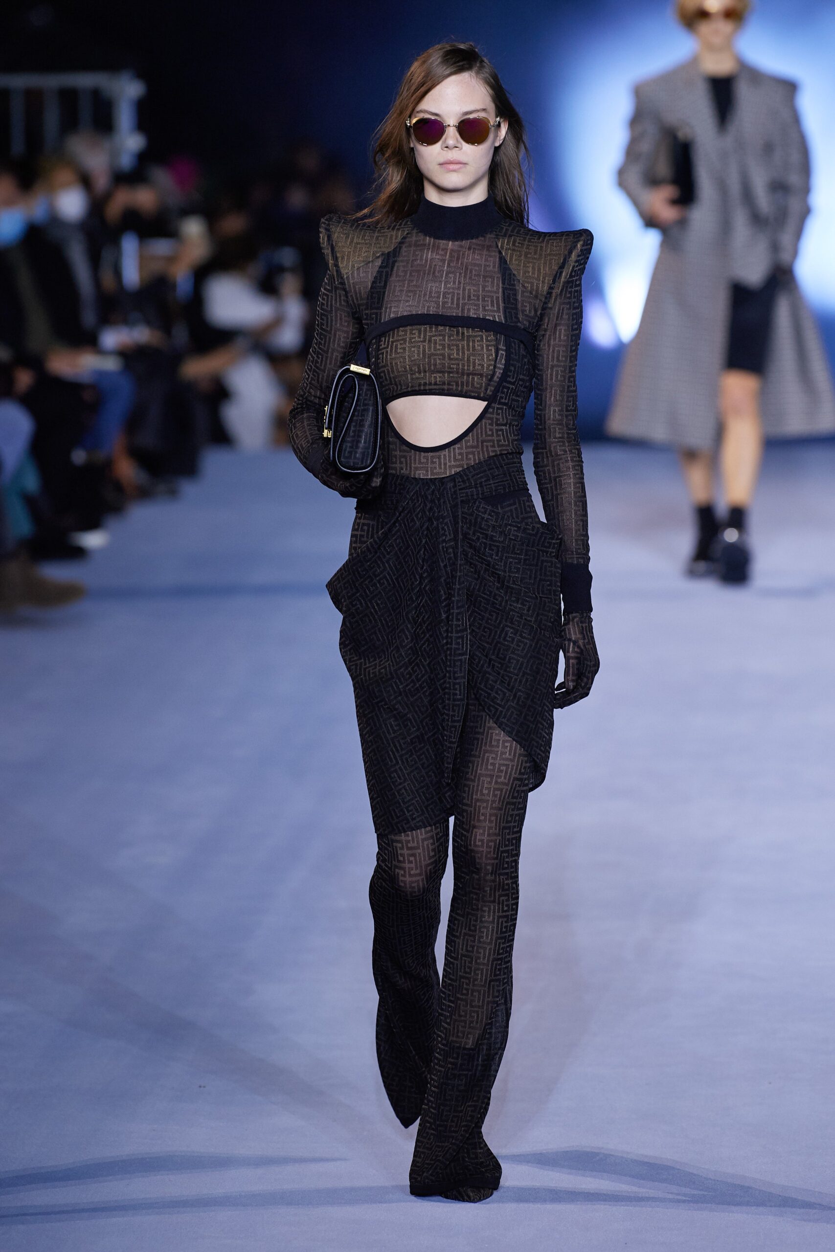 black fitted mesh jumpsuit