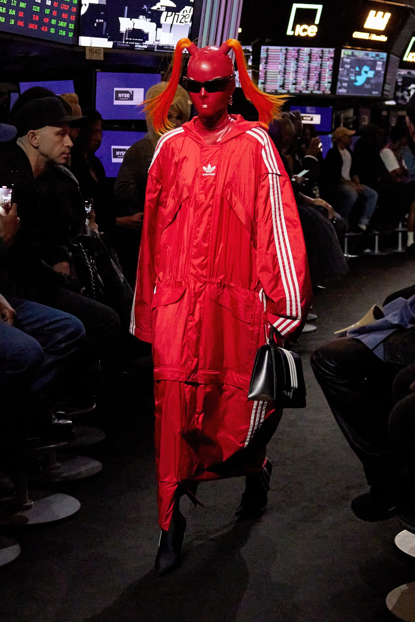red vinyl long-sleeve collared oversized zippered coat