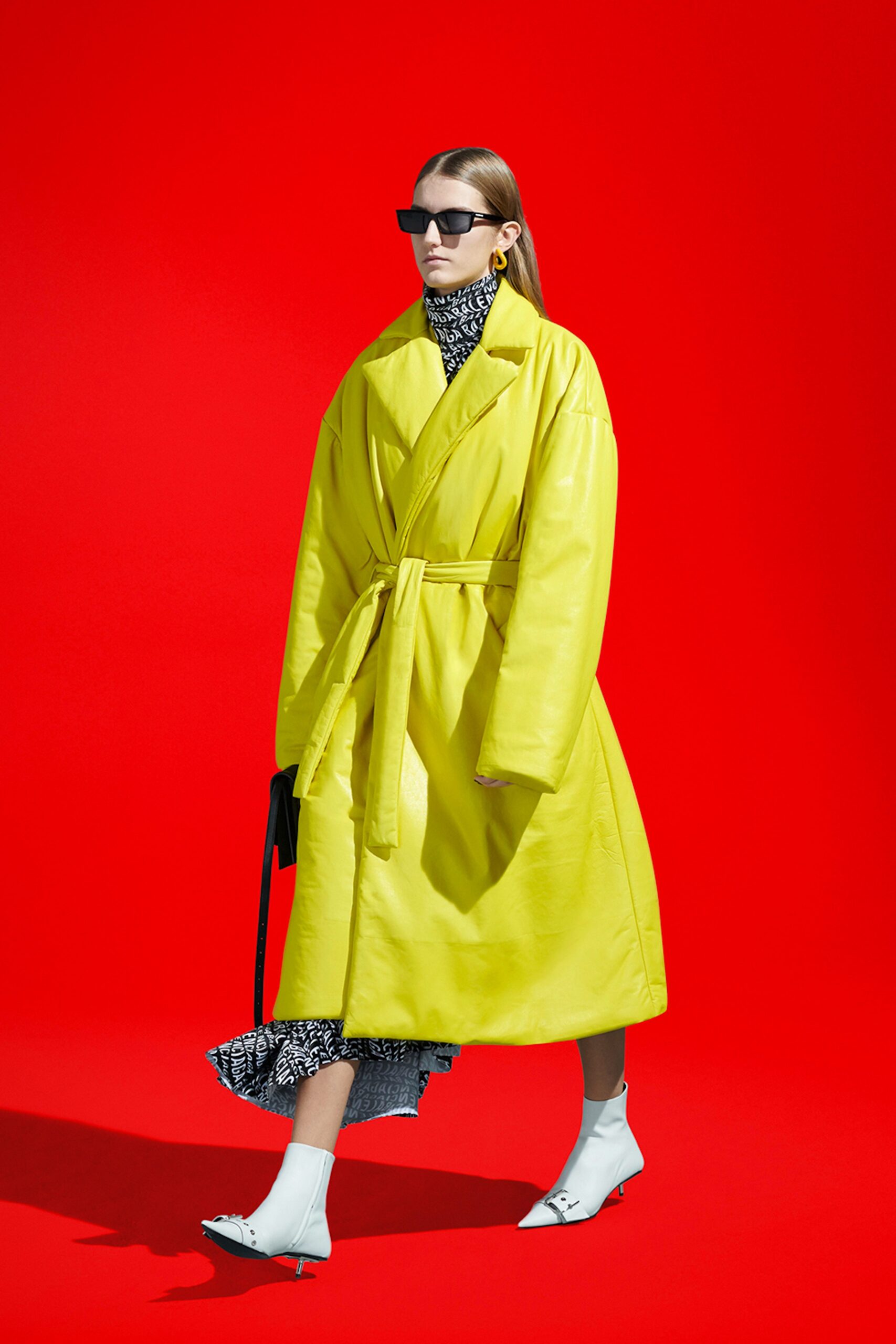 oversized yellow leather coat and printed dress