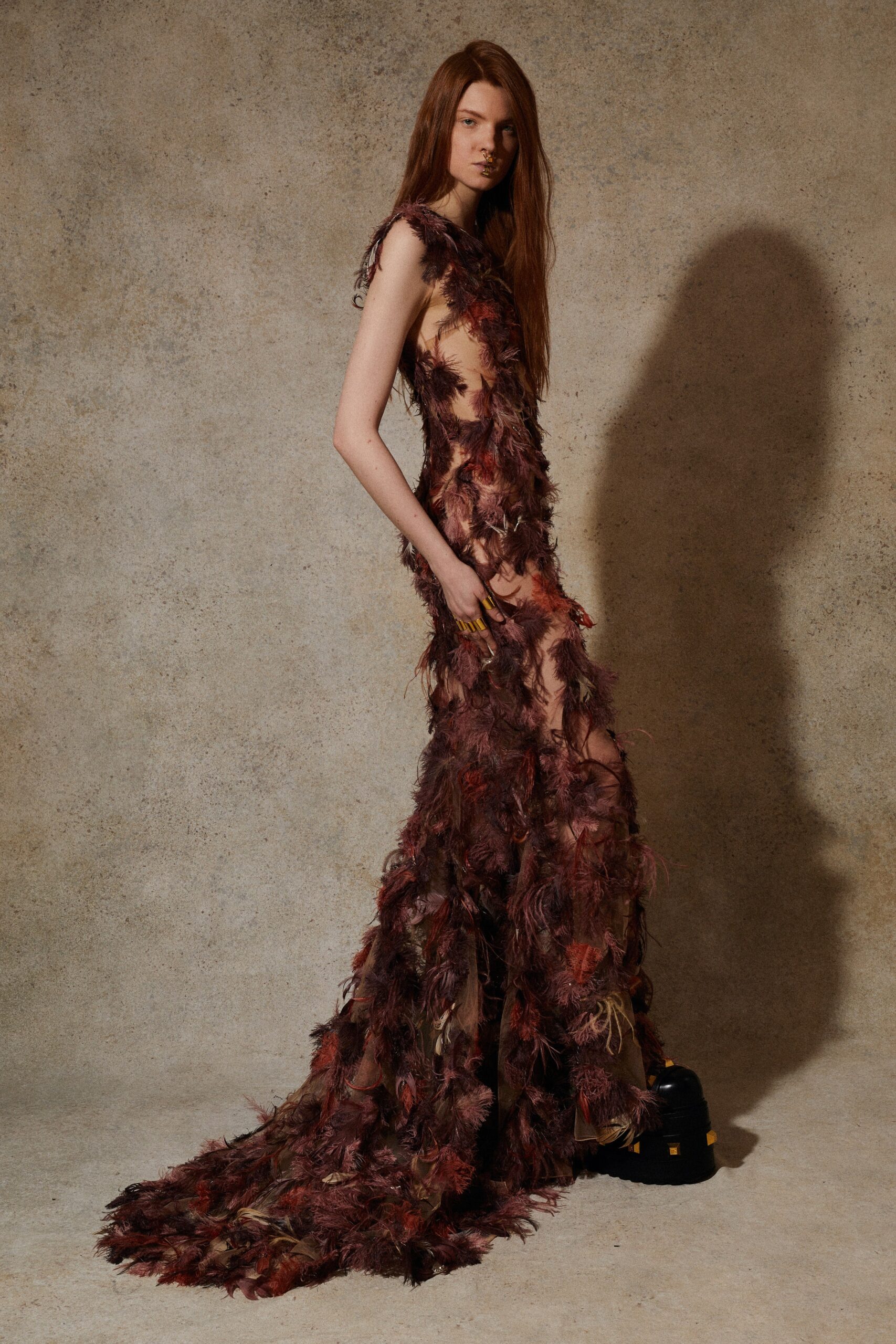 brown red feather gown