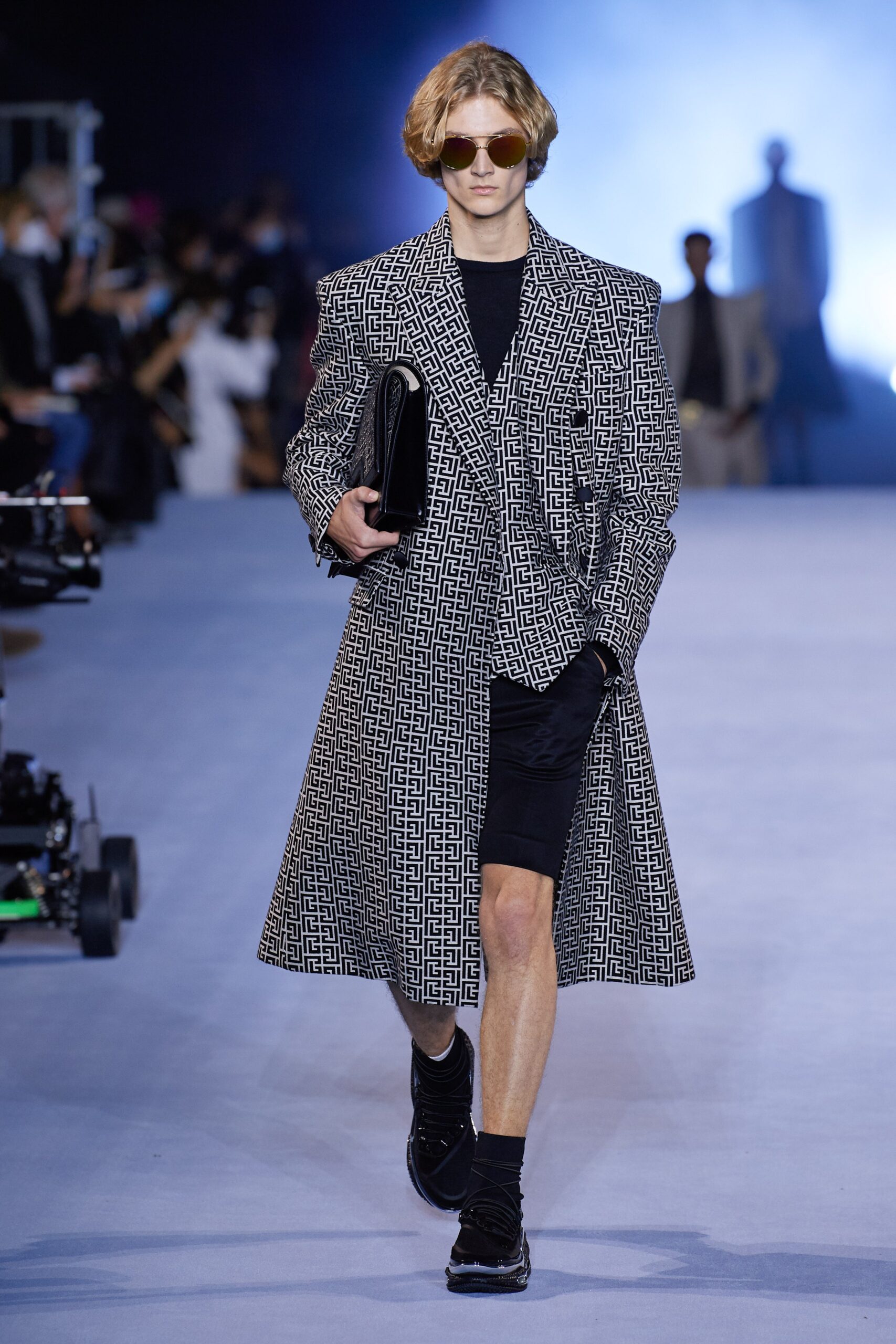 black and white printed coat with shorts