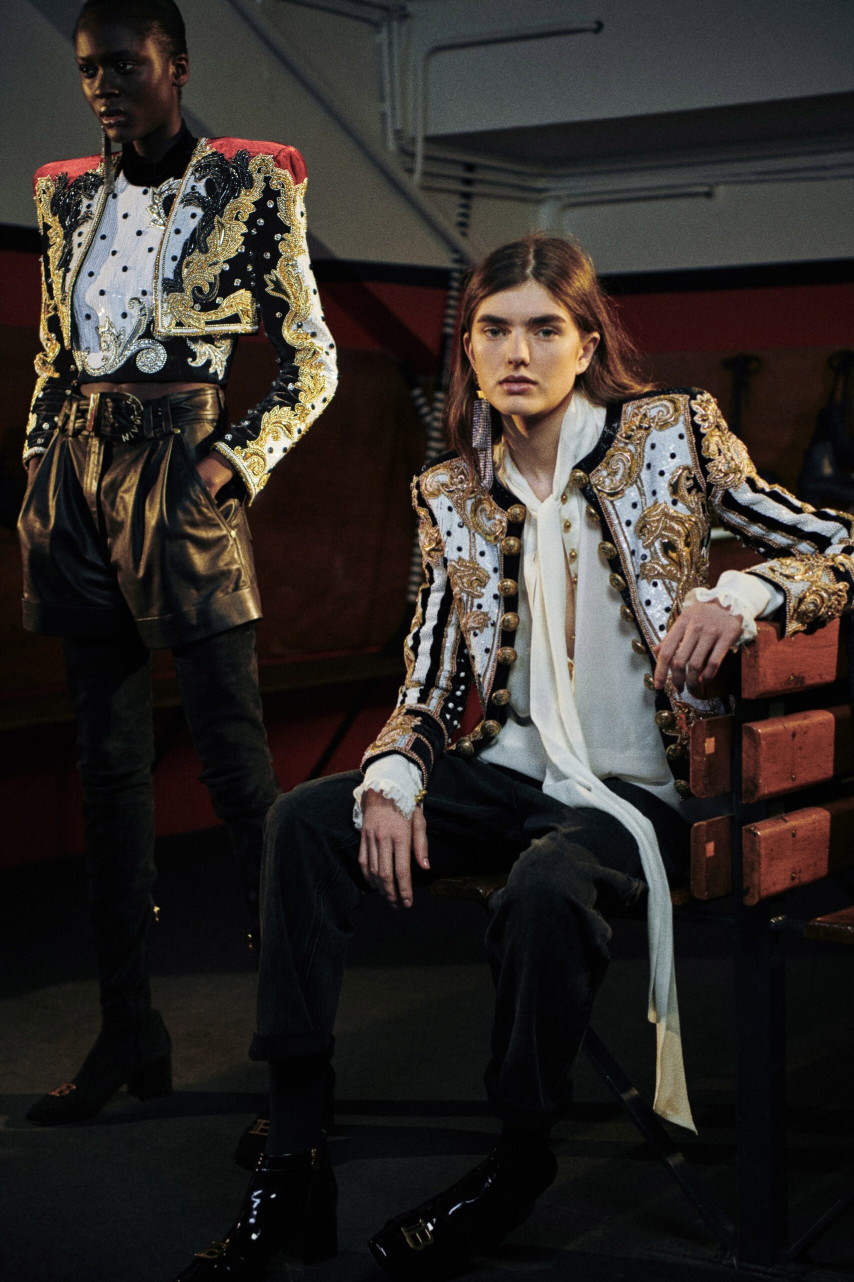 embroidered black and white blazer