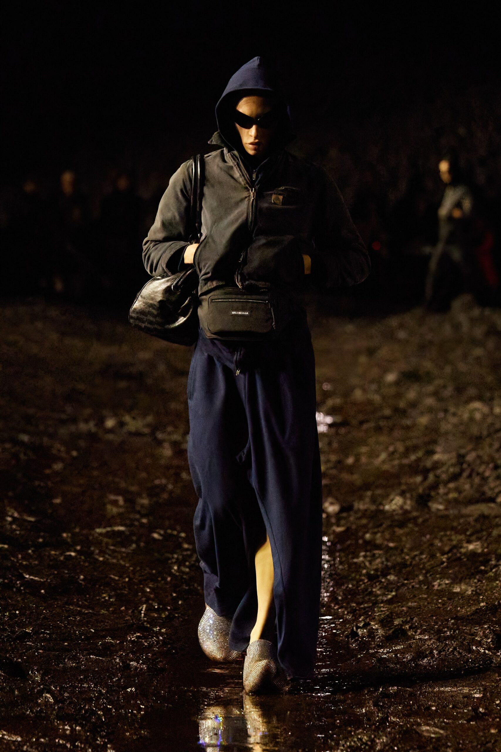 black coat blue maxi dress