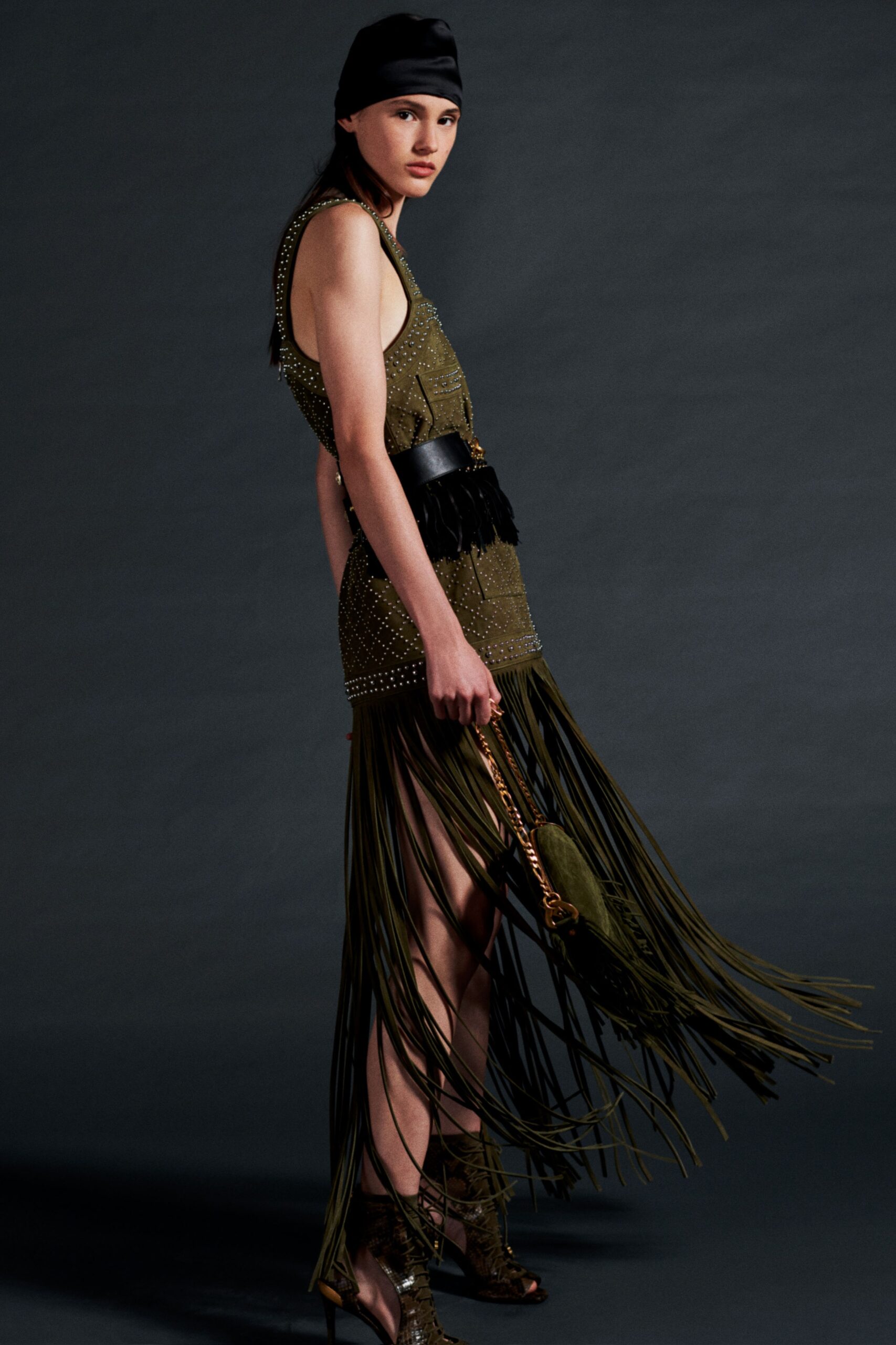 fitted green fringed dress