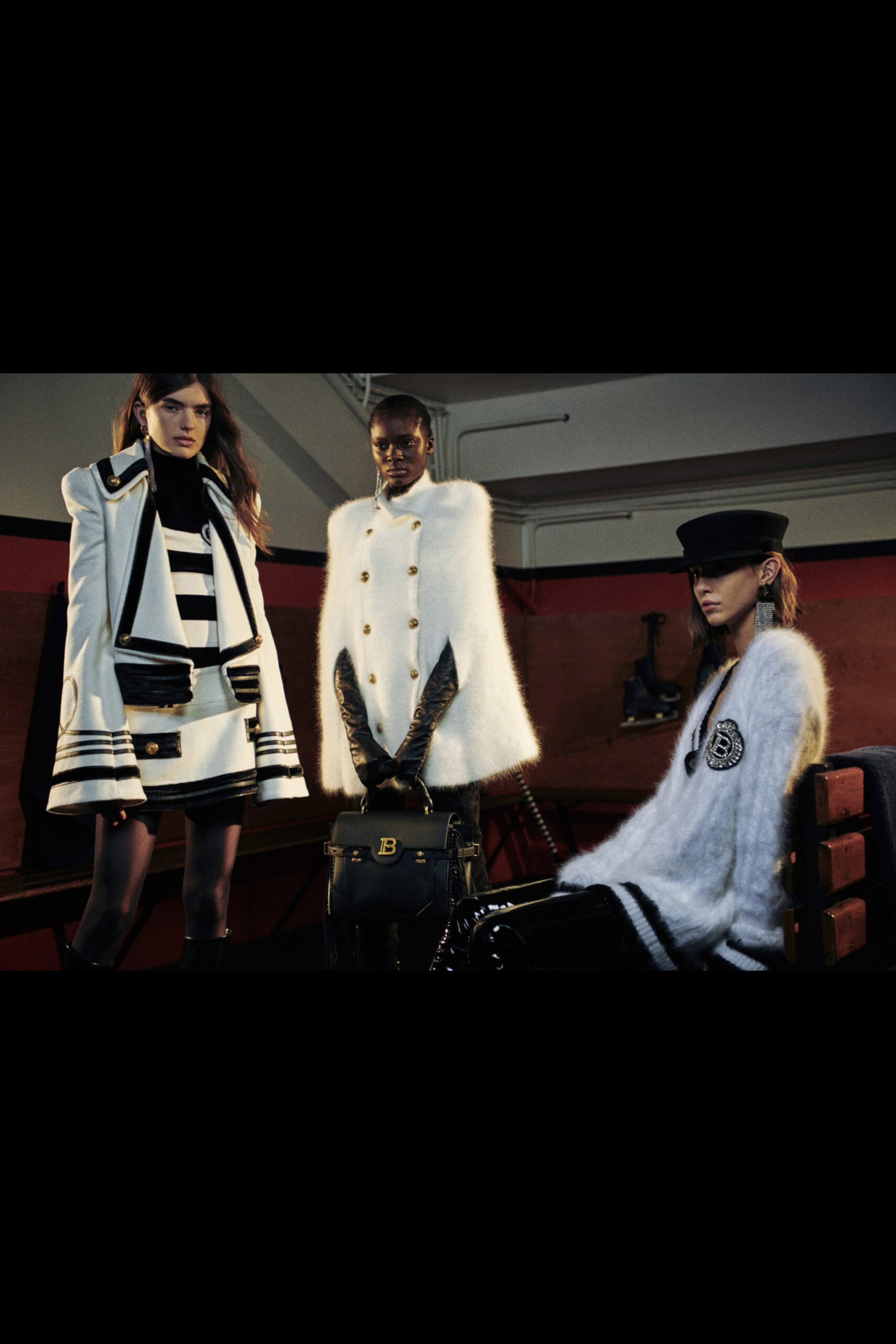 white wool coat and black dress