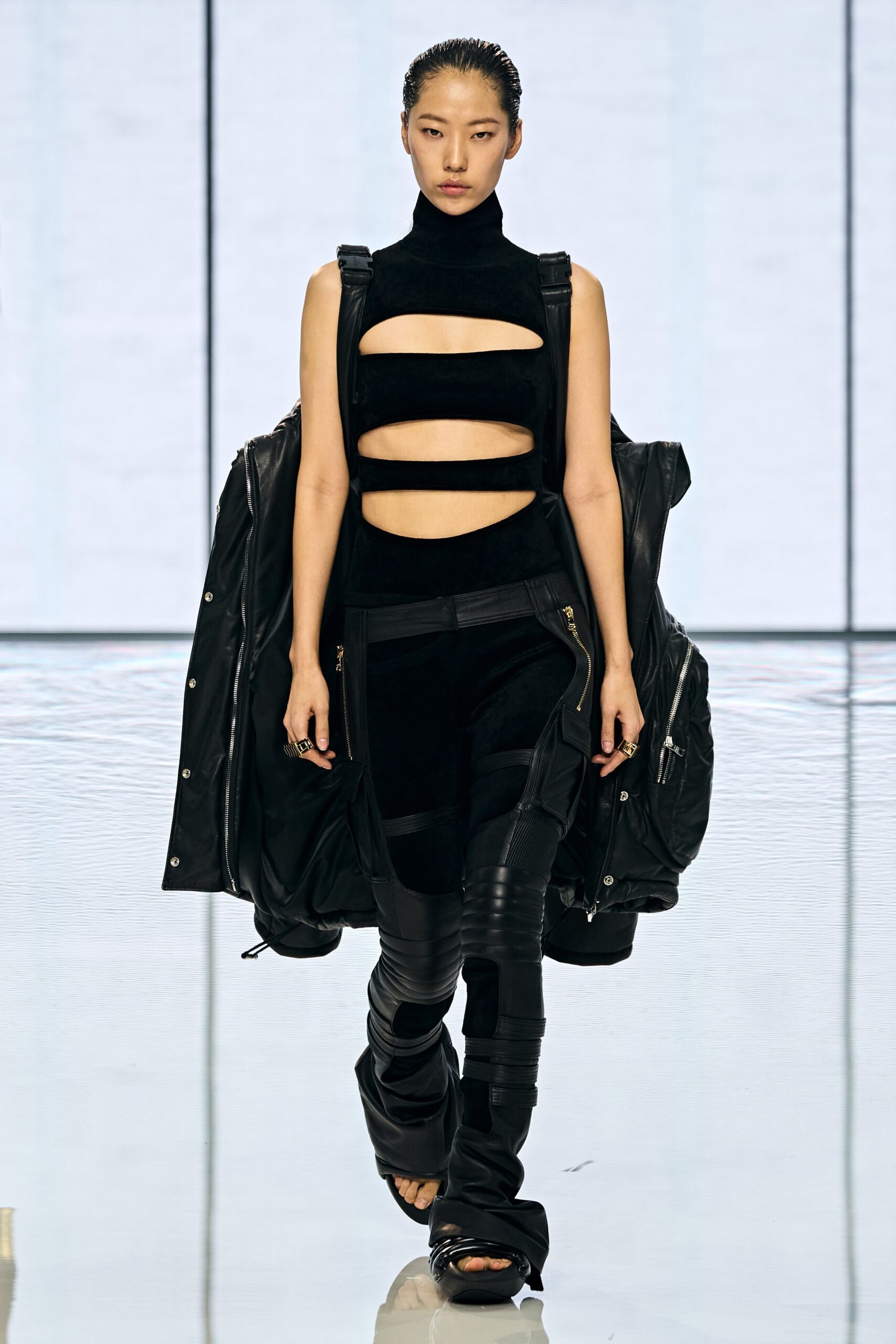 black leather long-sleeve oversized buttoned coat
