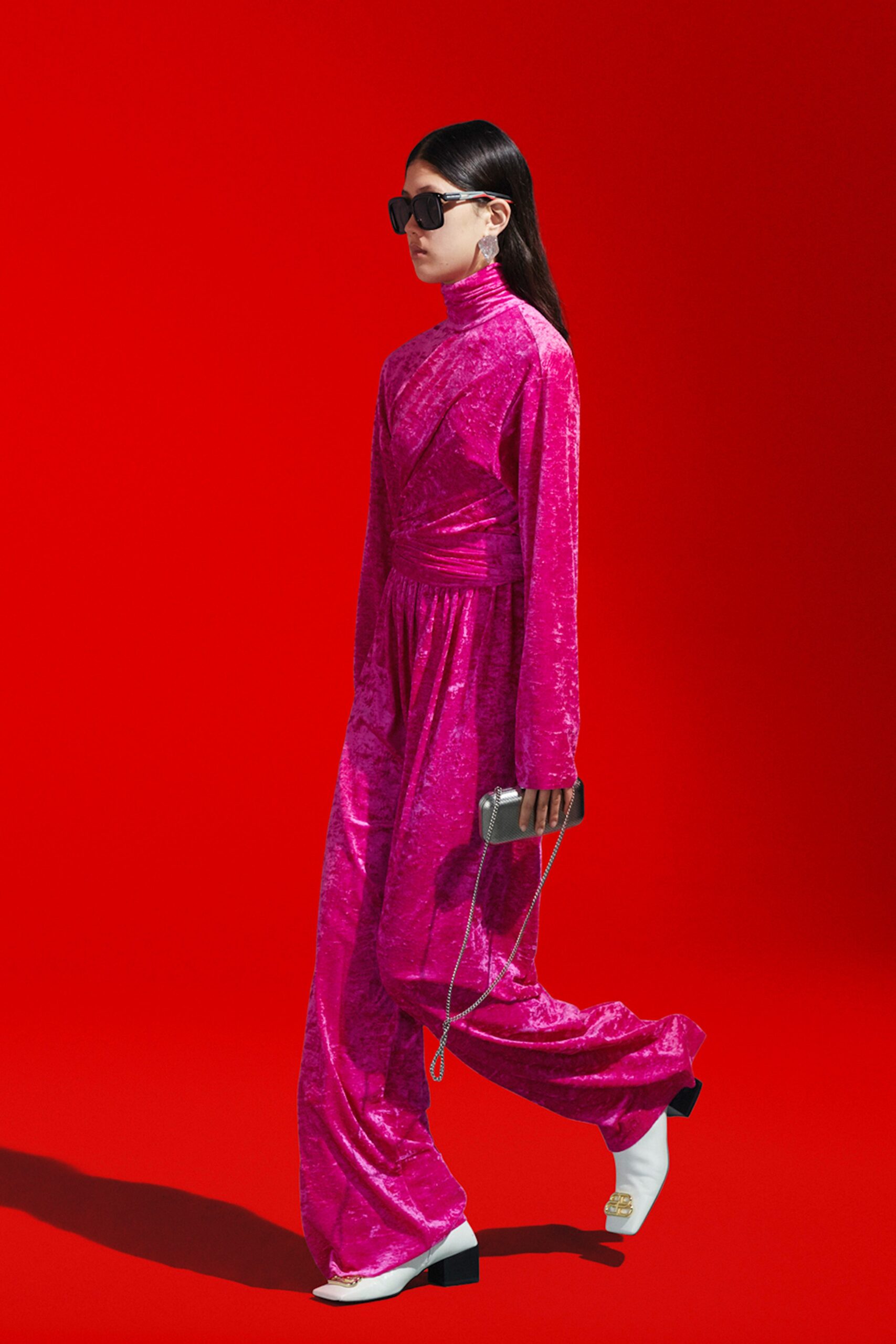 pink velvet long-sleeve high-neck fitted draped shiny jumpsuit
