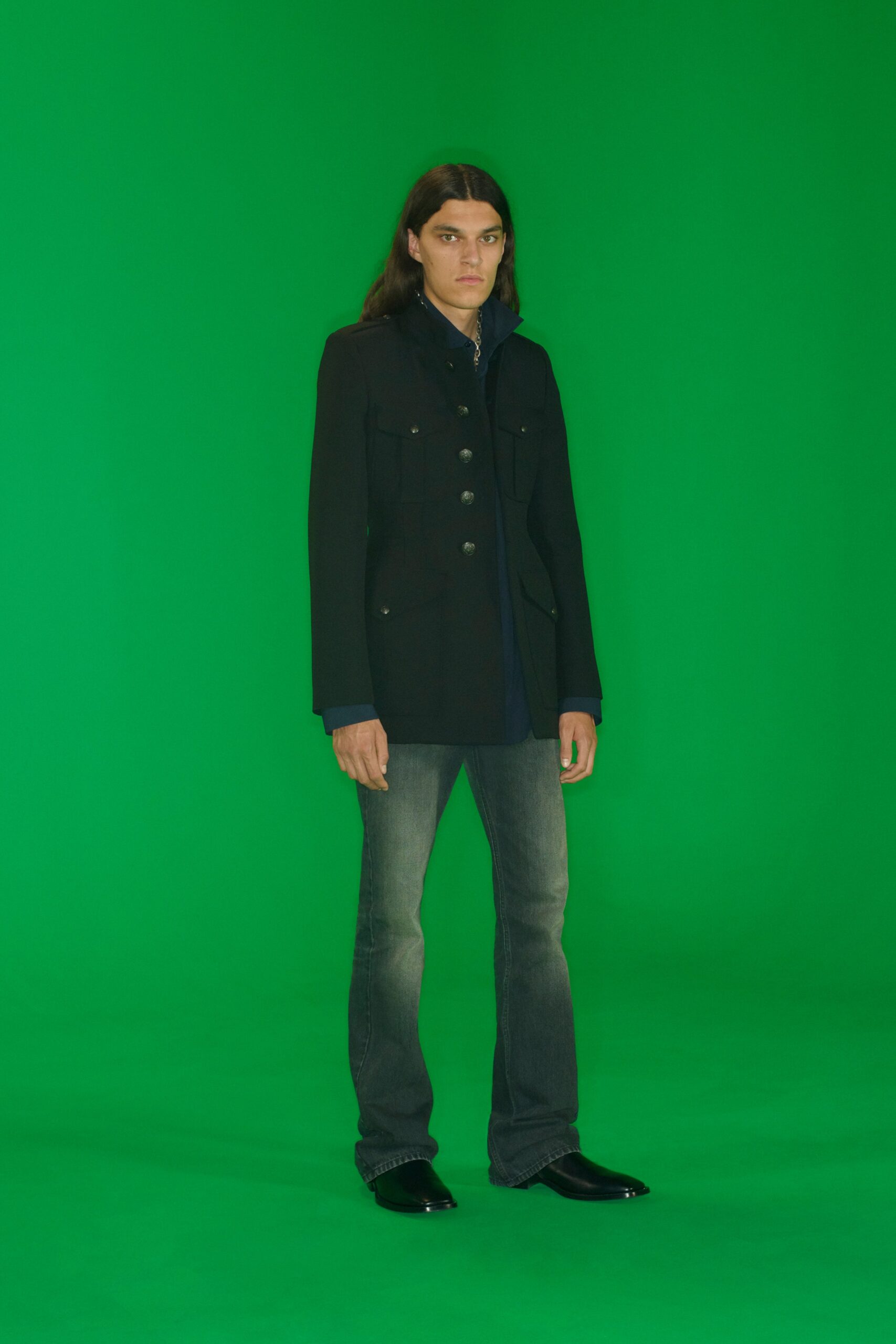 blue denim slim straight-leg pants