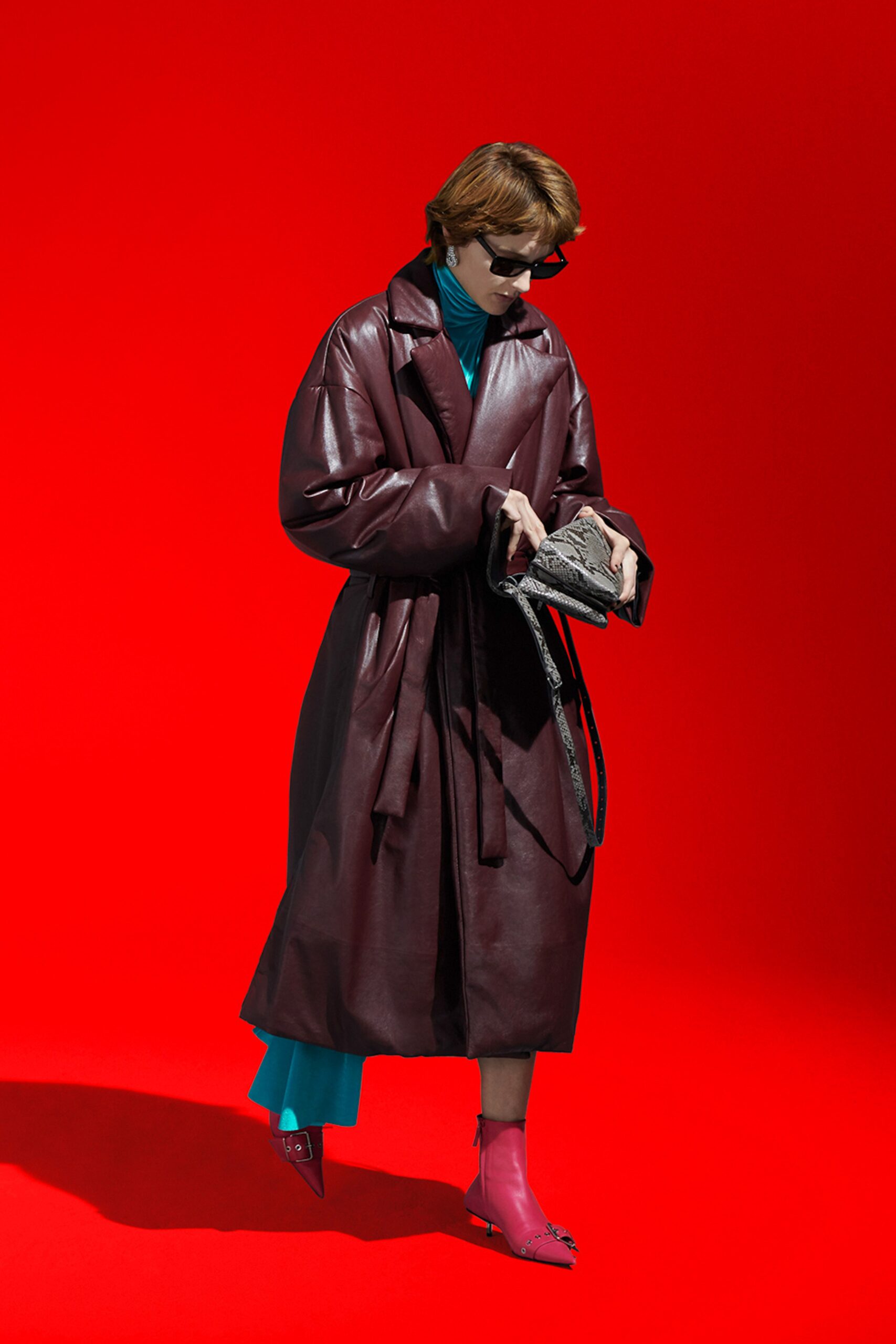 maroon leather oversized coat