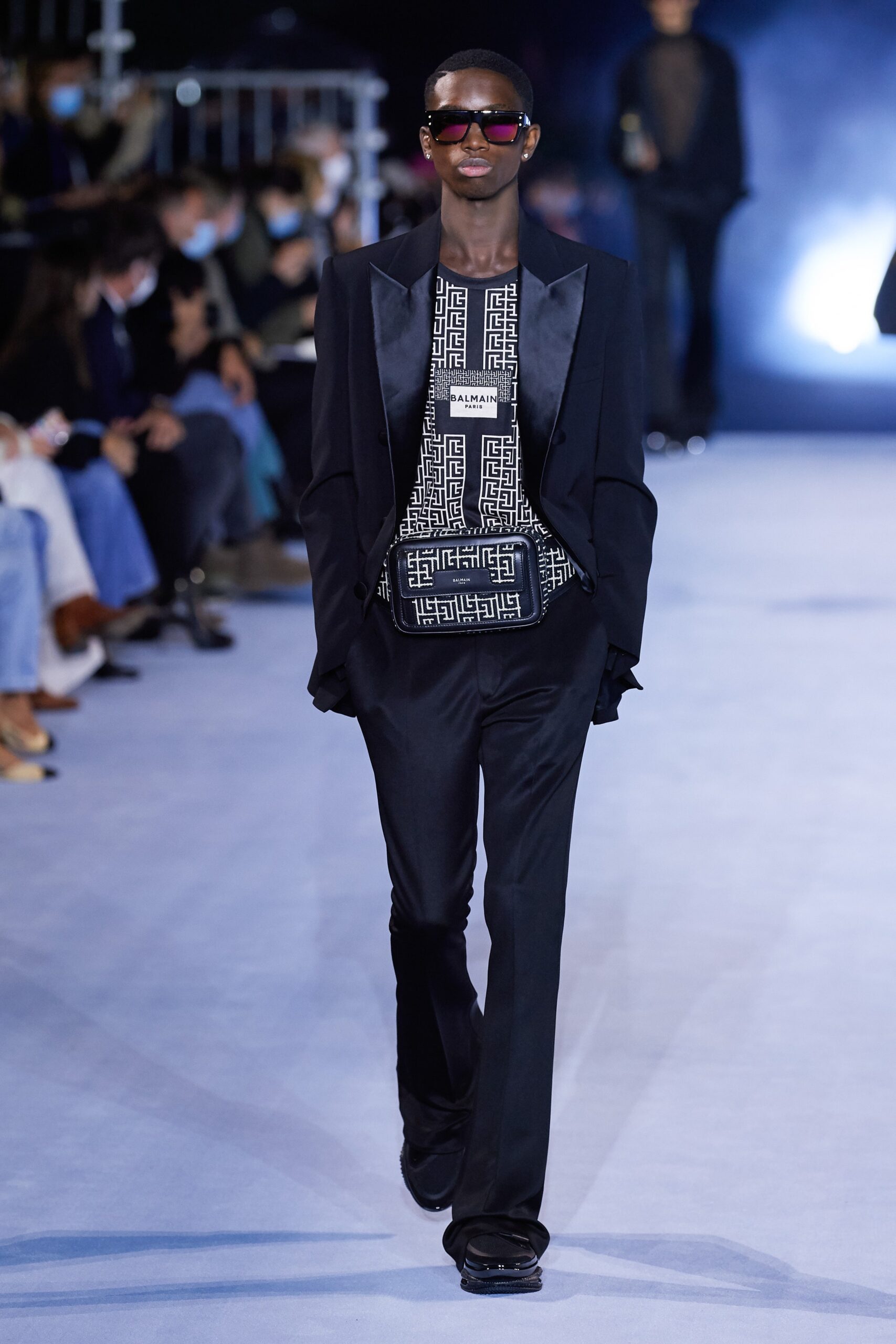 black tailored suit with printed top