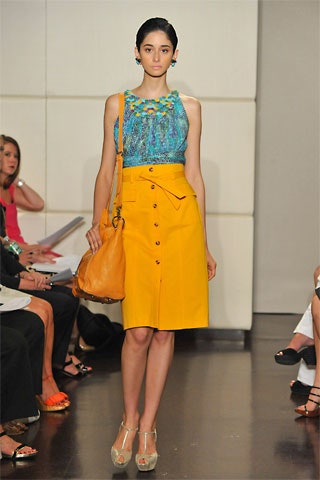 blue green printed top yellow skirt