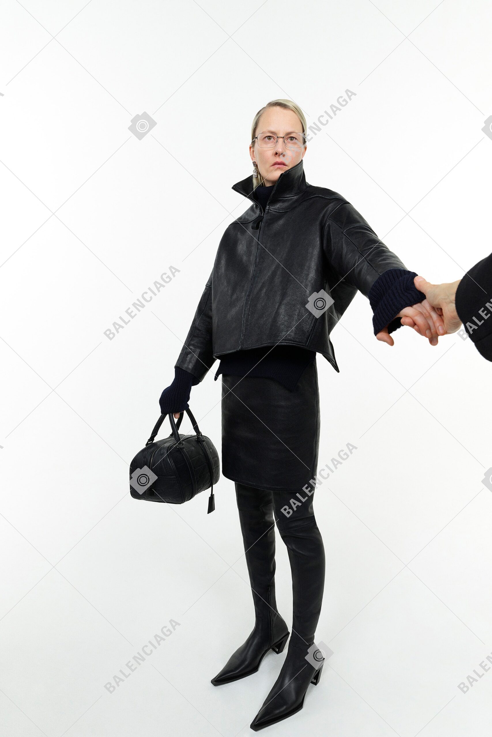 black leather long-sleeve high-neck fitted structured jacket