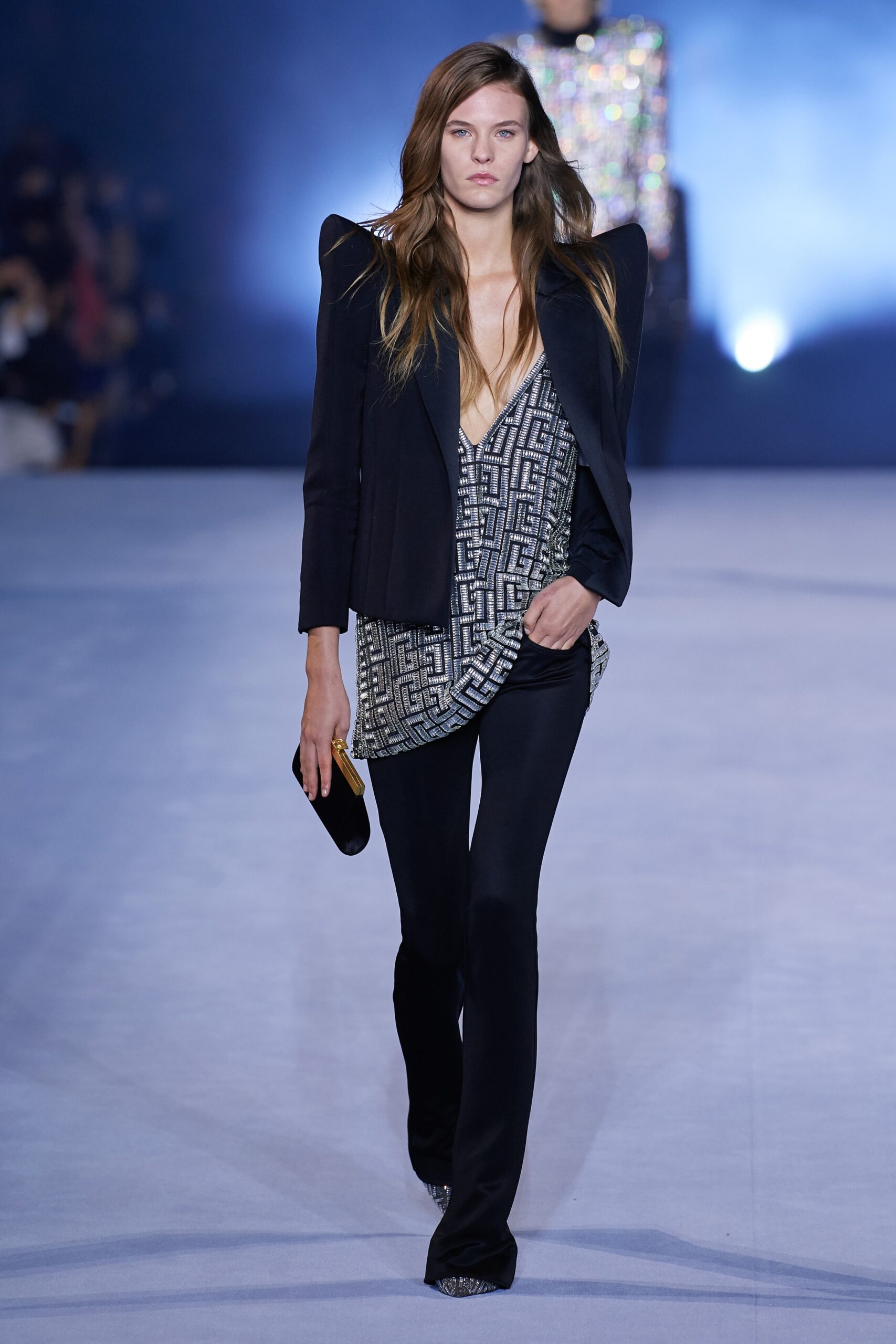 black structured blazer with printed top