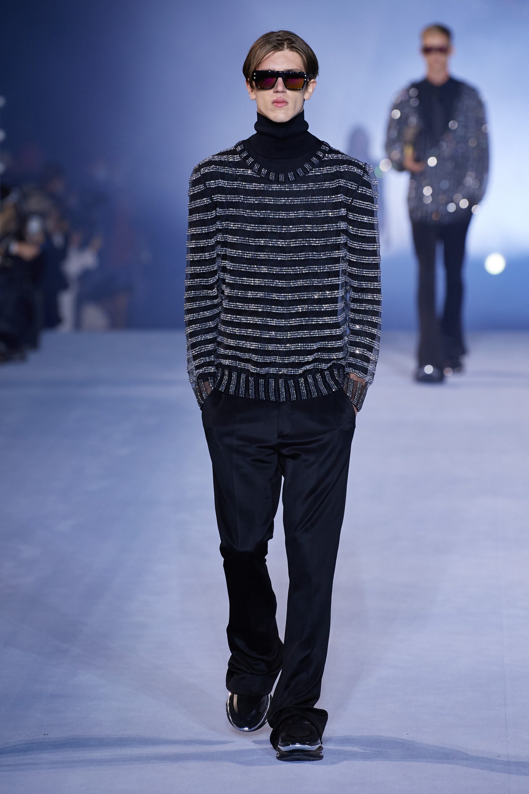fitted black striped sweater and pants