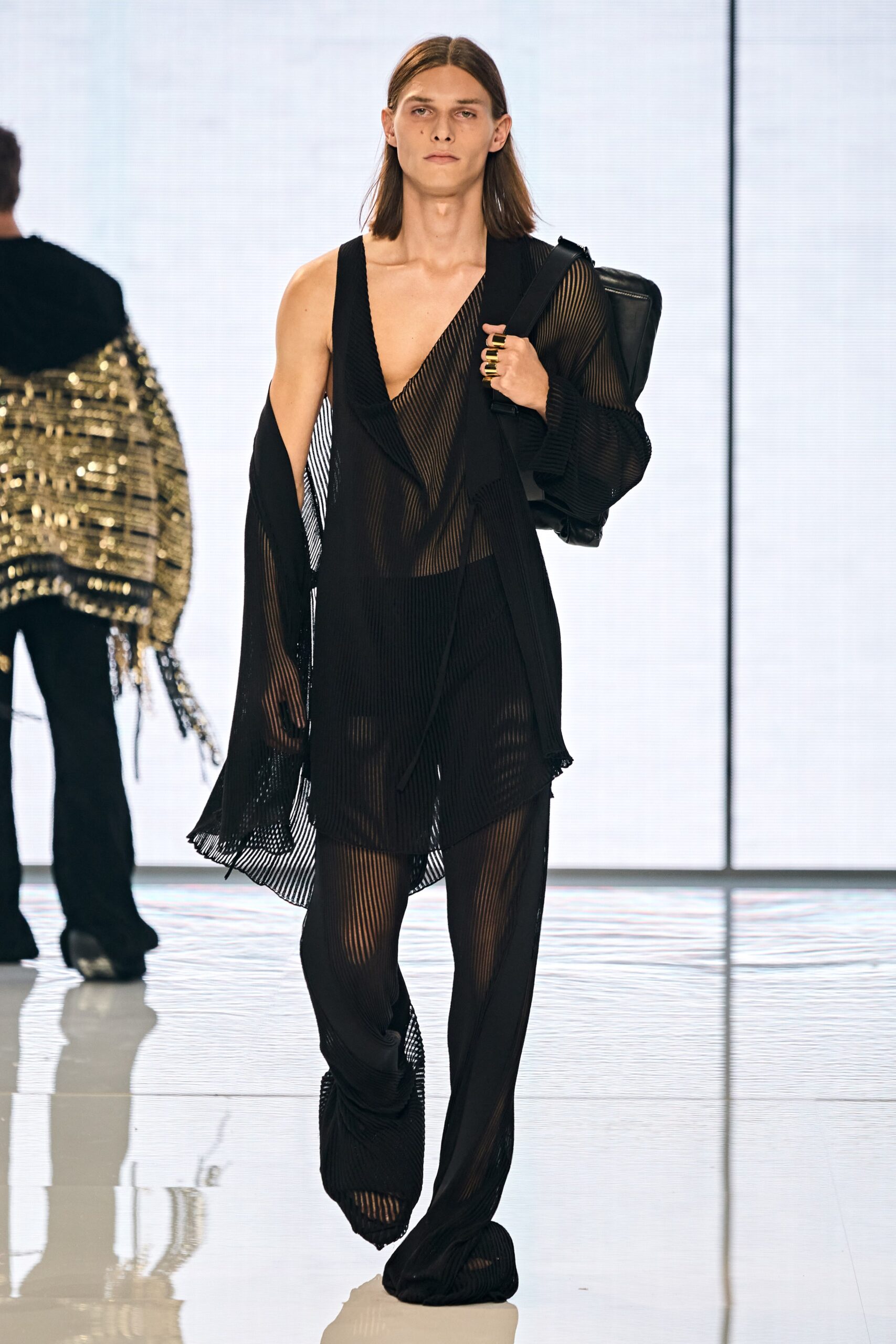 black mesh sleeveless top and pants