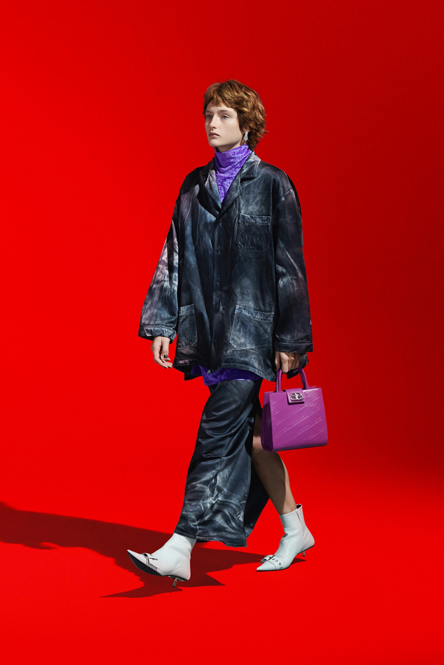 relaxed black silk coat with purple dress