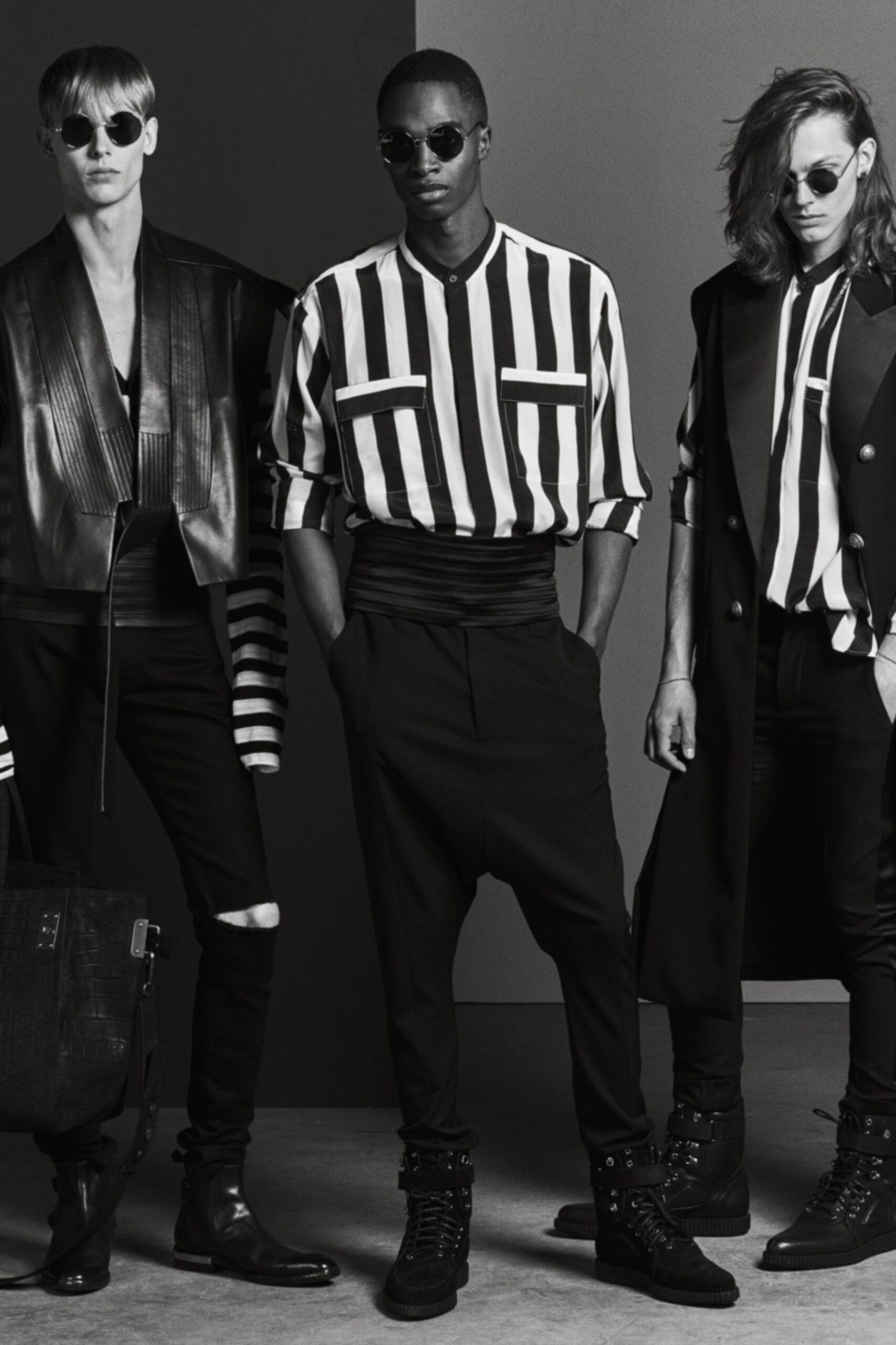 black leather jacket and striped shirt