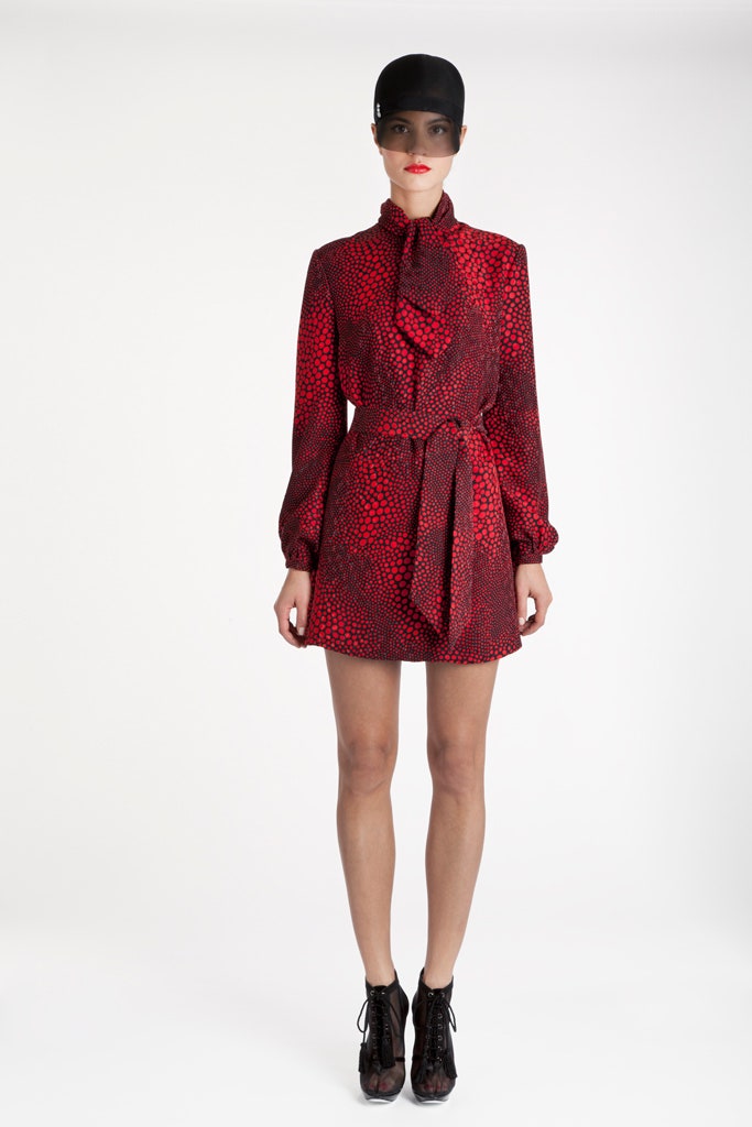 red silk long-sleeve collared fitted ruffled belted dress