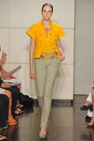 yellow jacket with beige pants