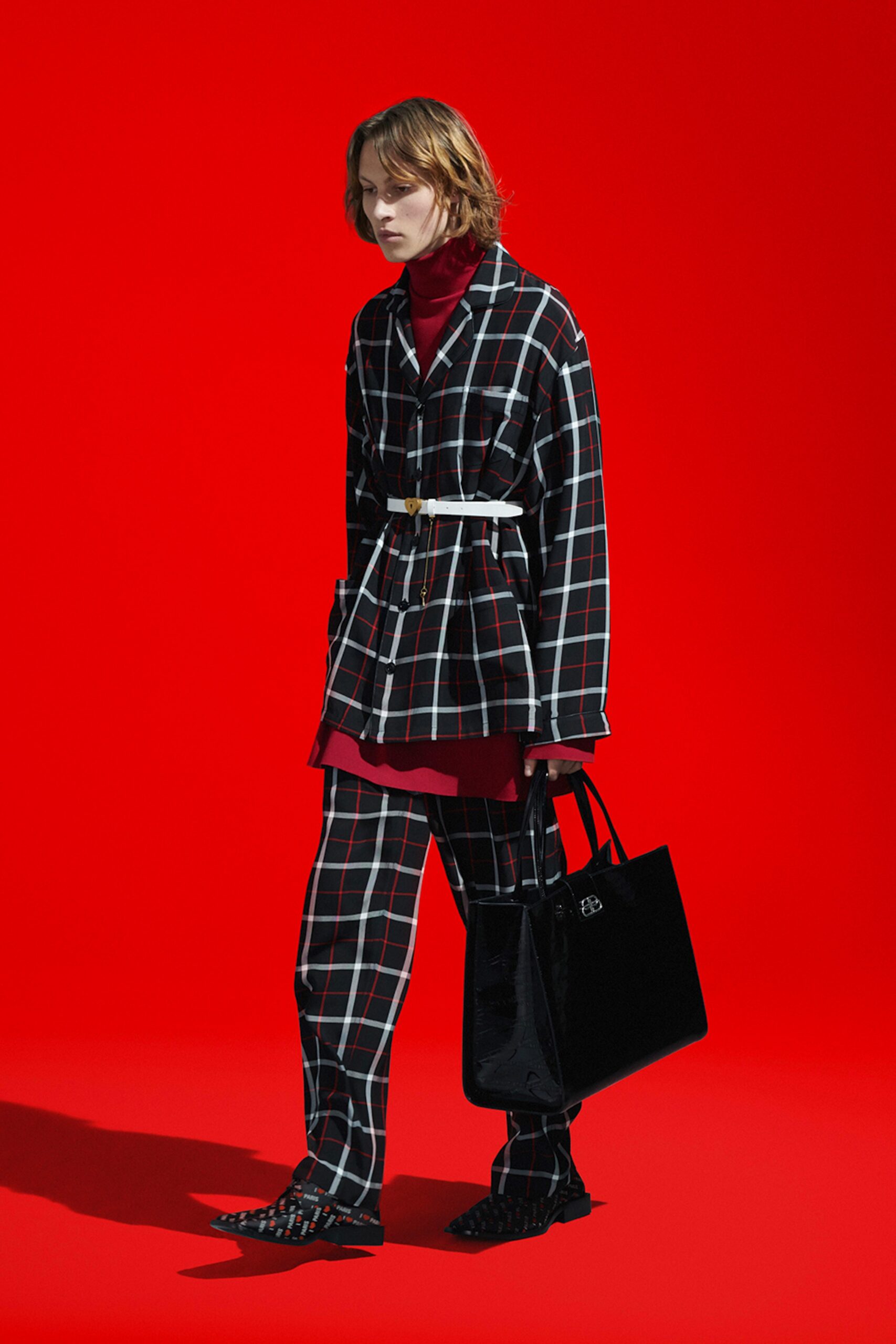 checked jacket and pants outfit