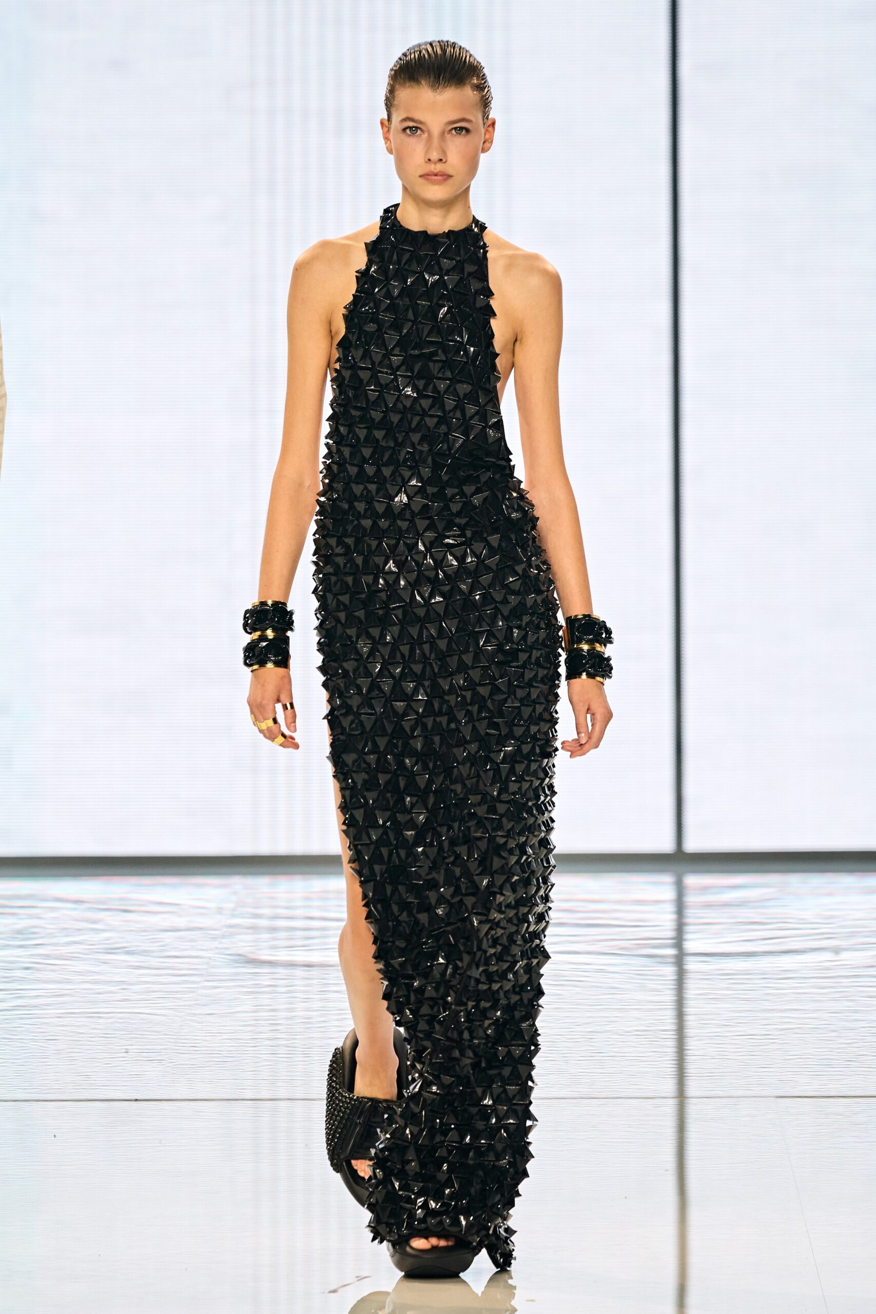 black silk sleeveless gown