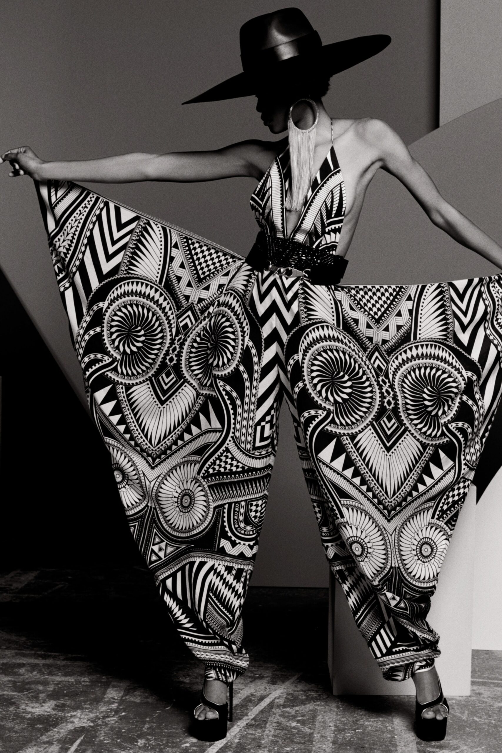 black and white printed jumpsuit with hat