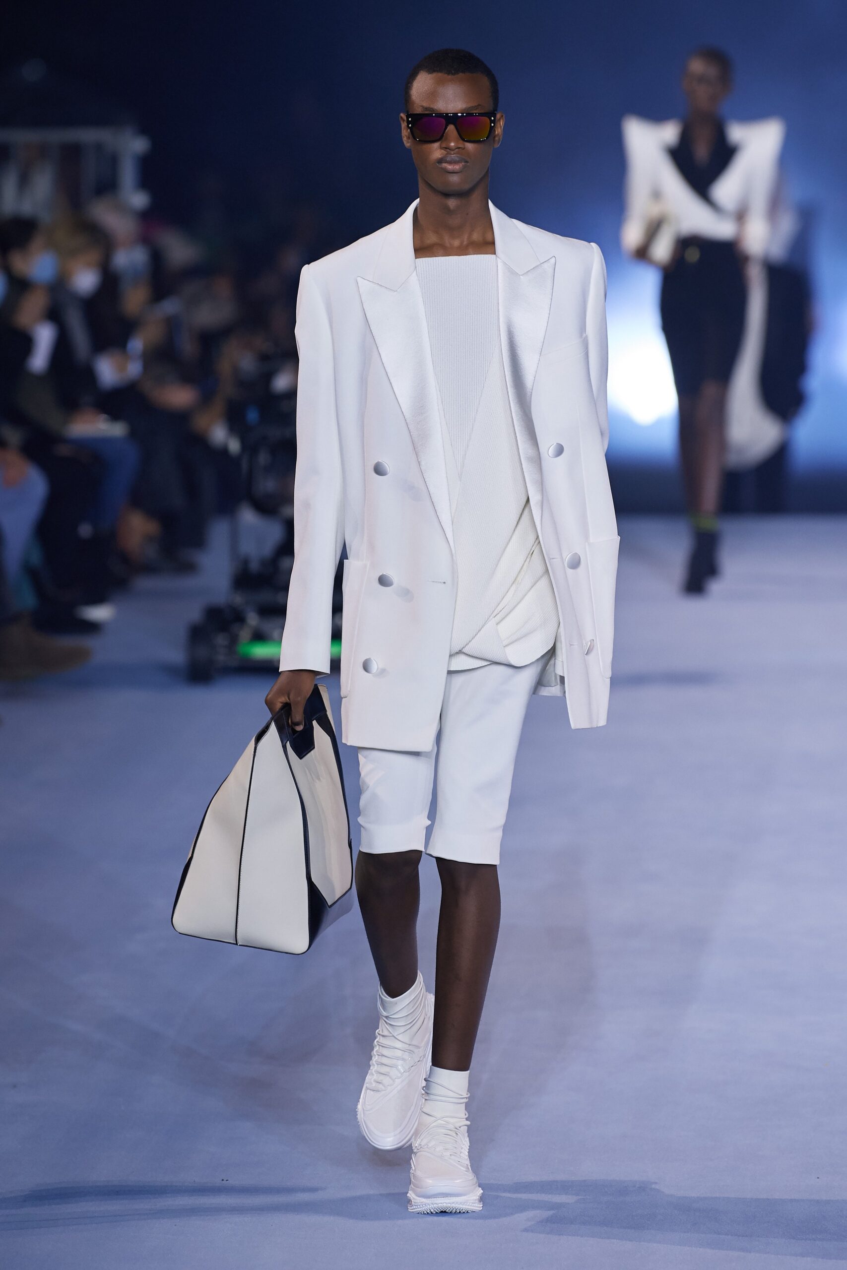 white tailored suit with shorts