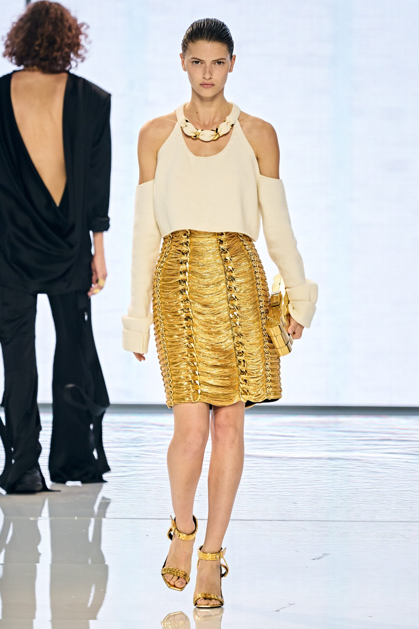 gold silk fitted pencil shiny skirt