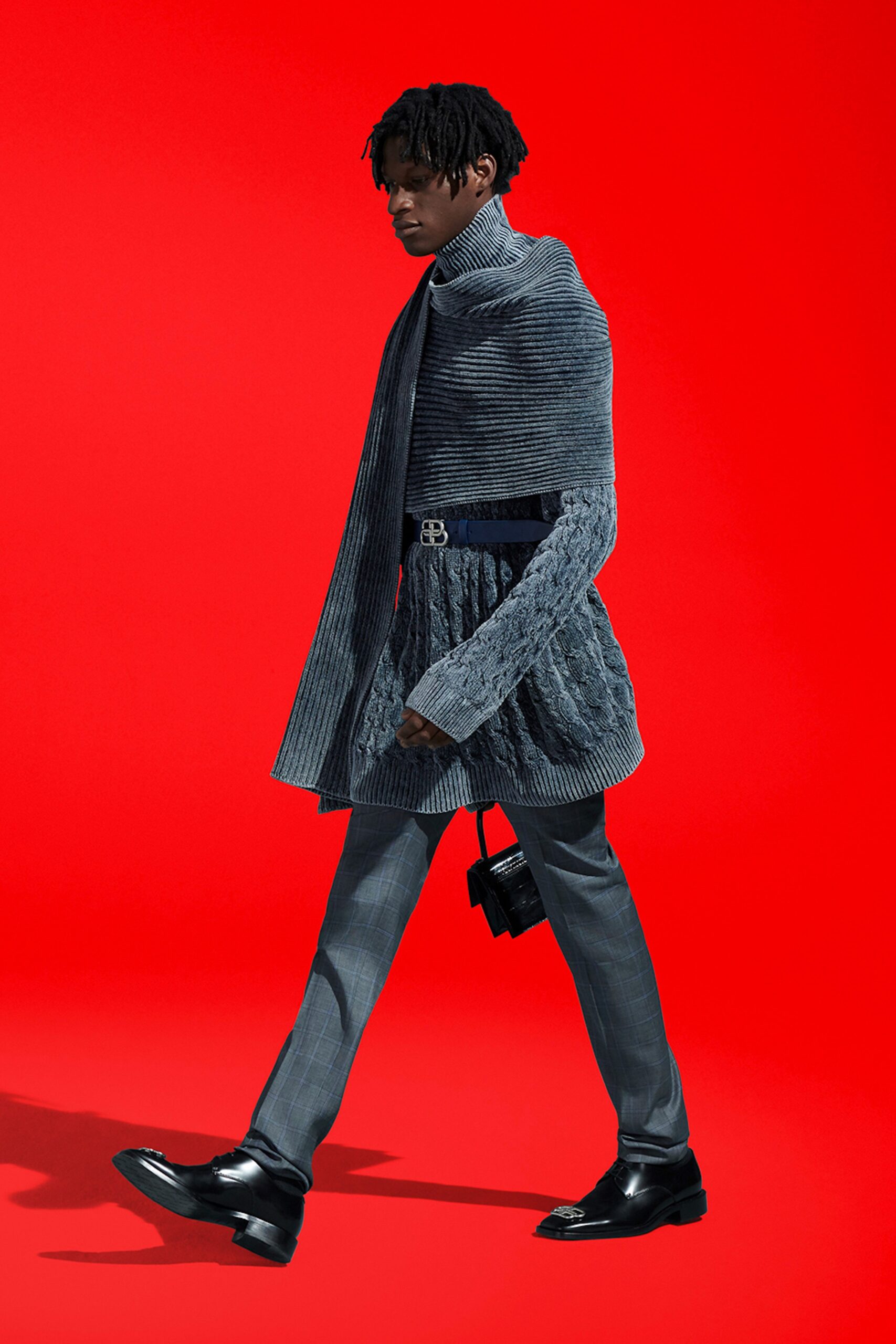 gray relaxed sweater and tailored pants