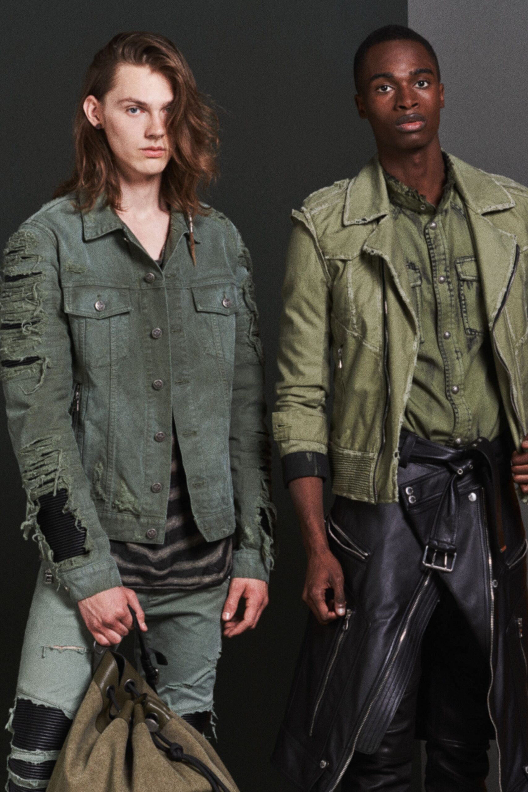 green denim long-sleeve collared fitted distressed jacket