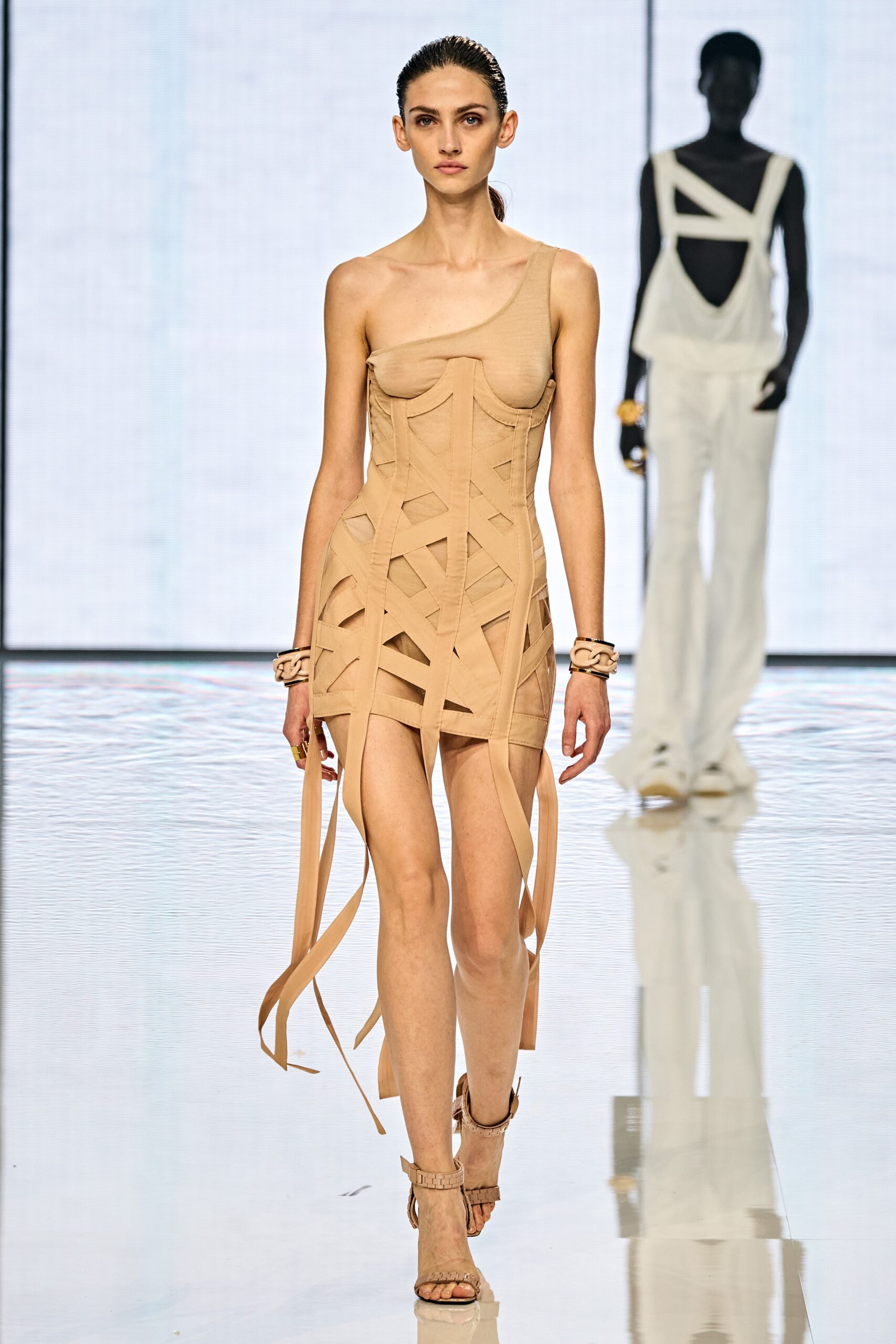 beige leather fitted mini dress