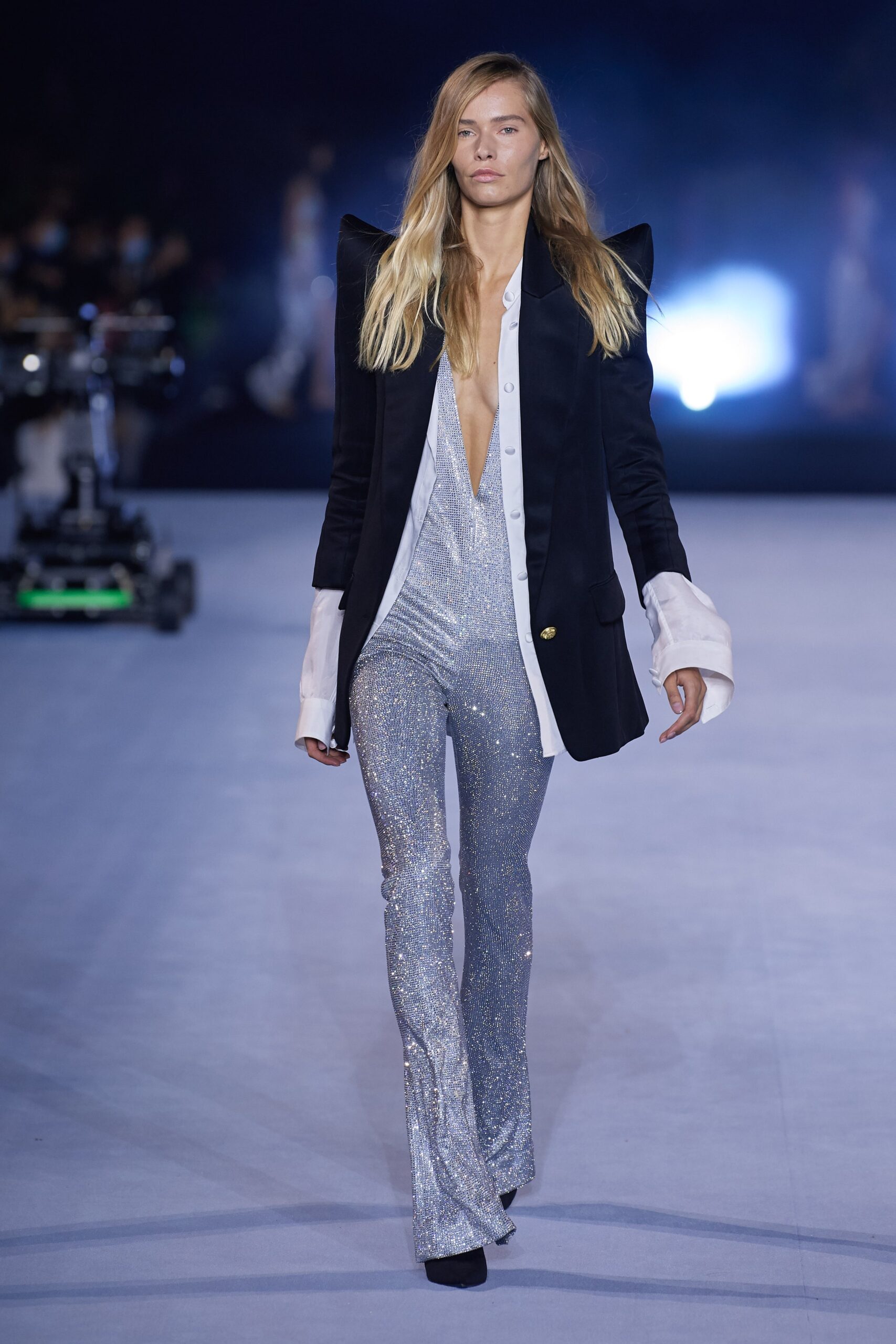 black velvet blazer and silver sequined jumpsuit