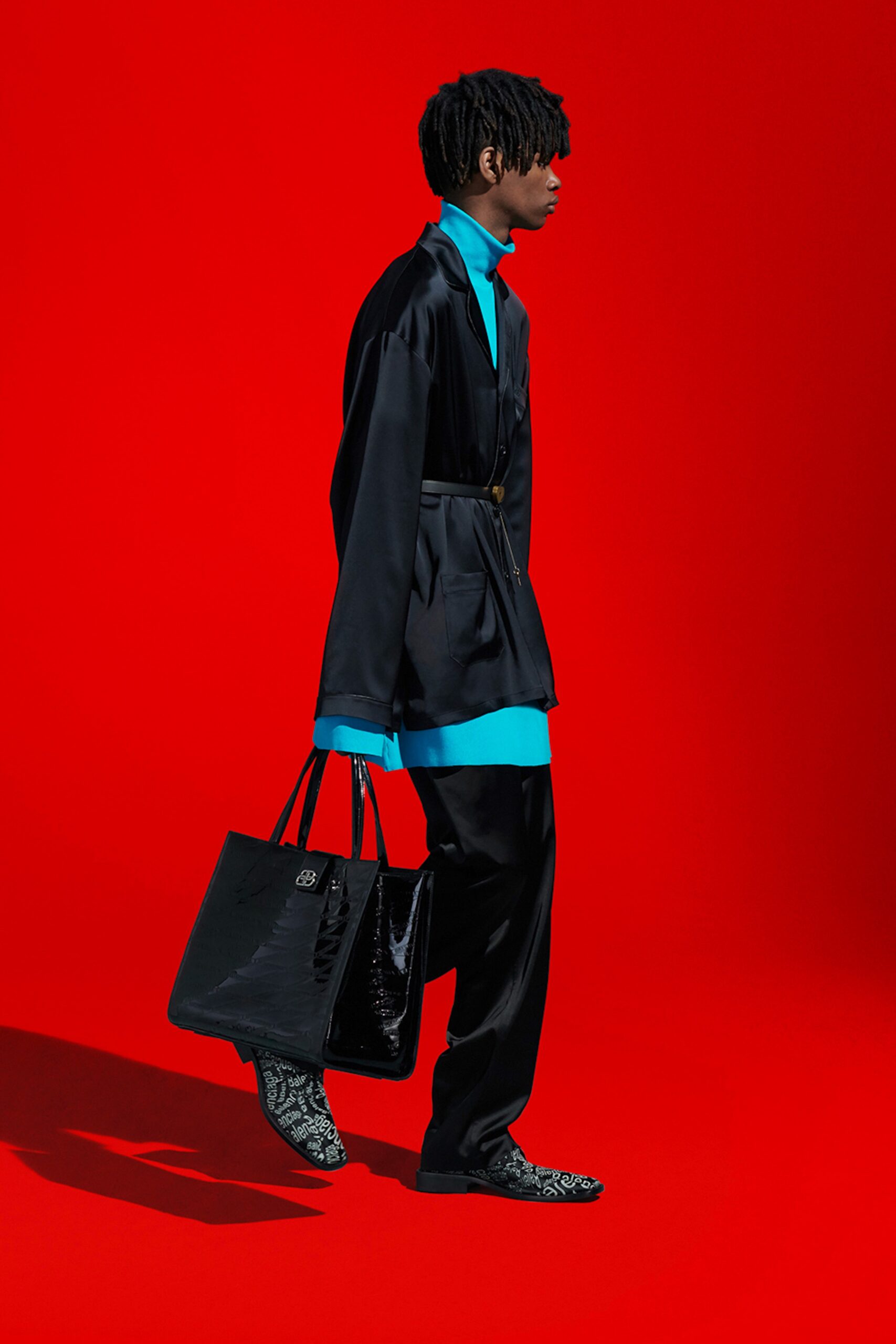 black silk relaxed jacket with blue shirt