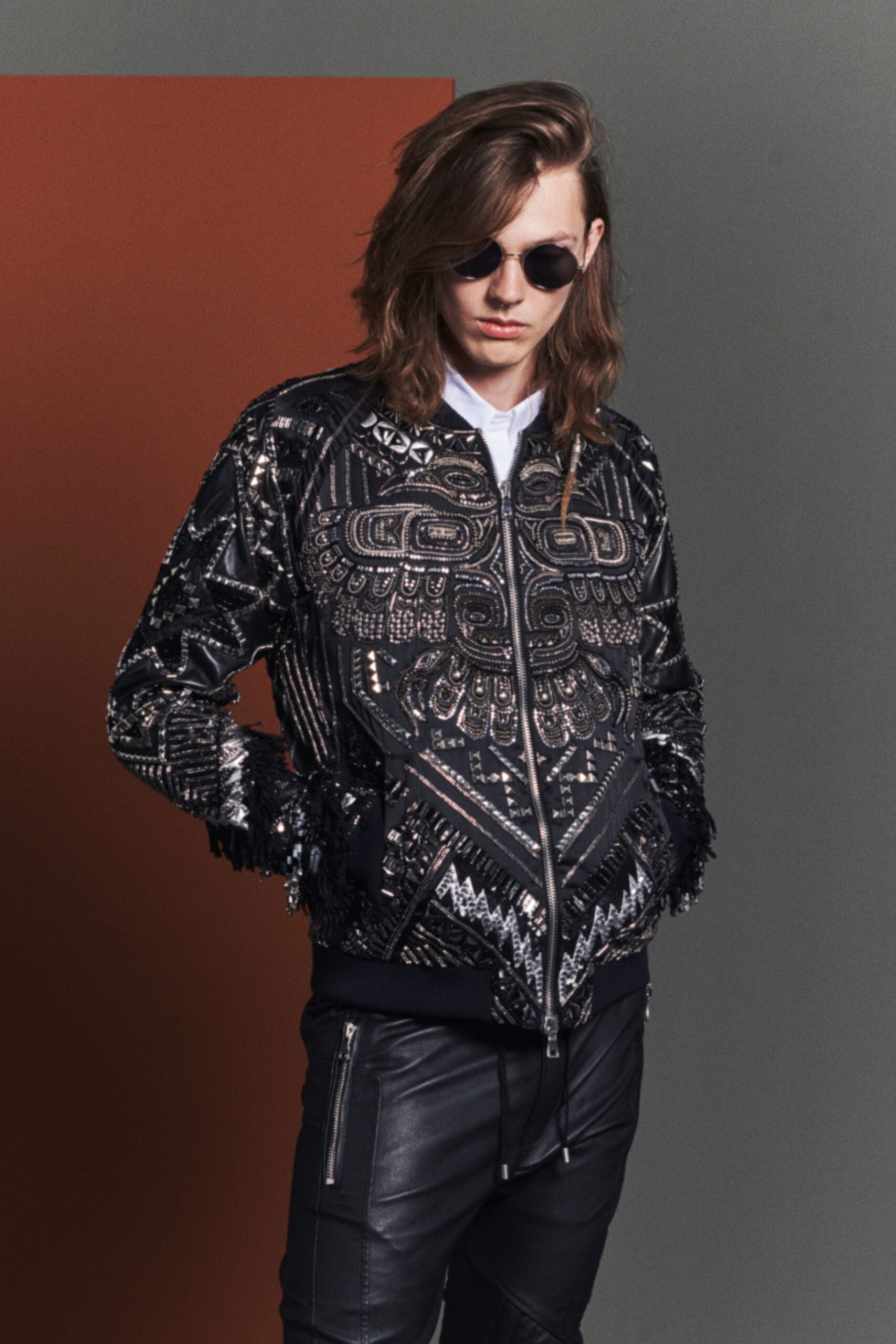 black leather long-sleeve collared fitted embroidered fringed jacket