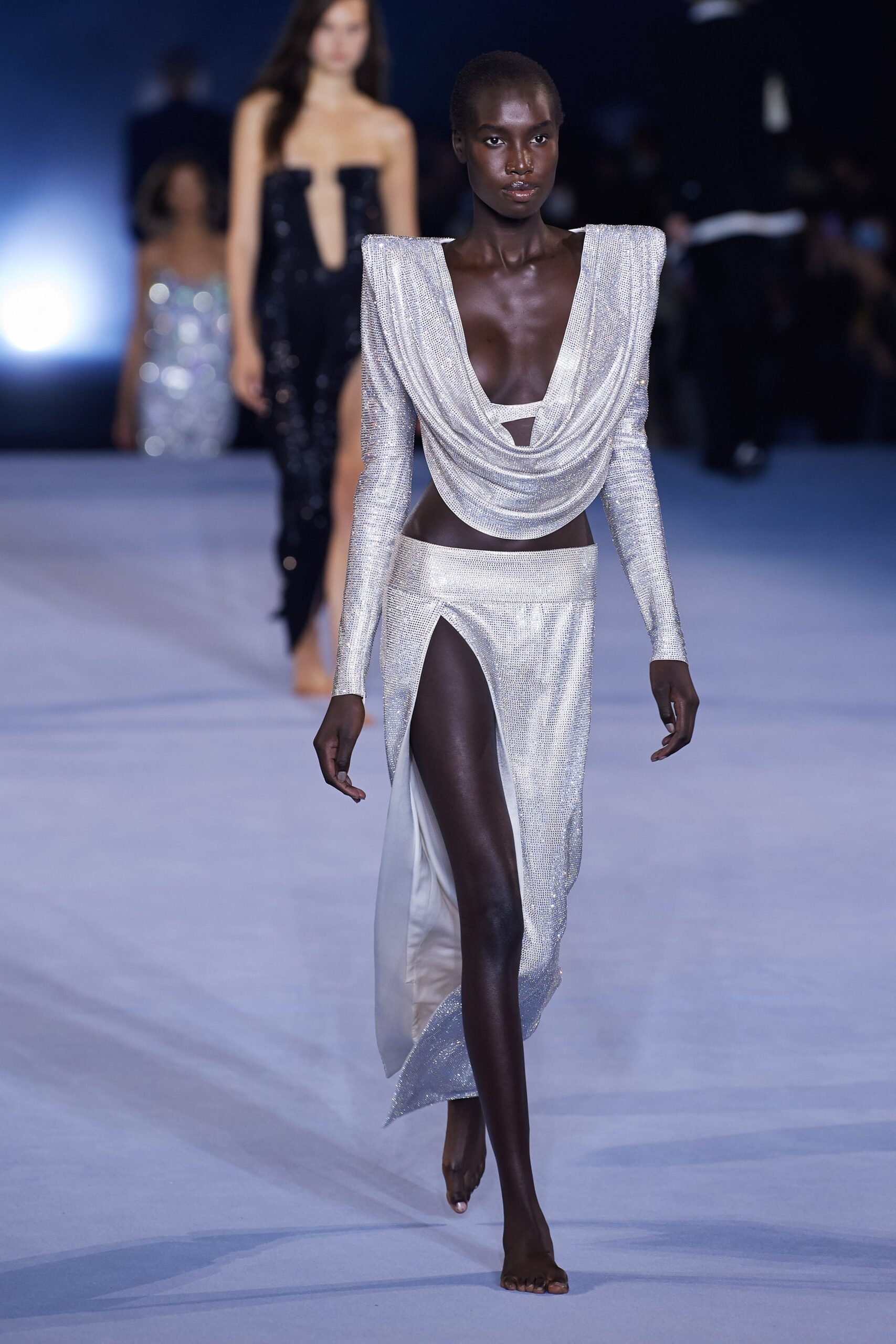 silver draped sleeveless gown