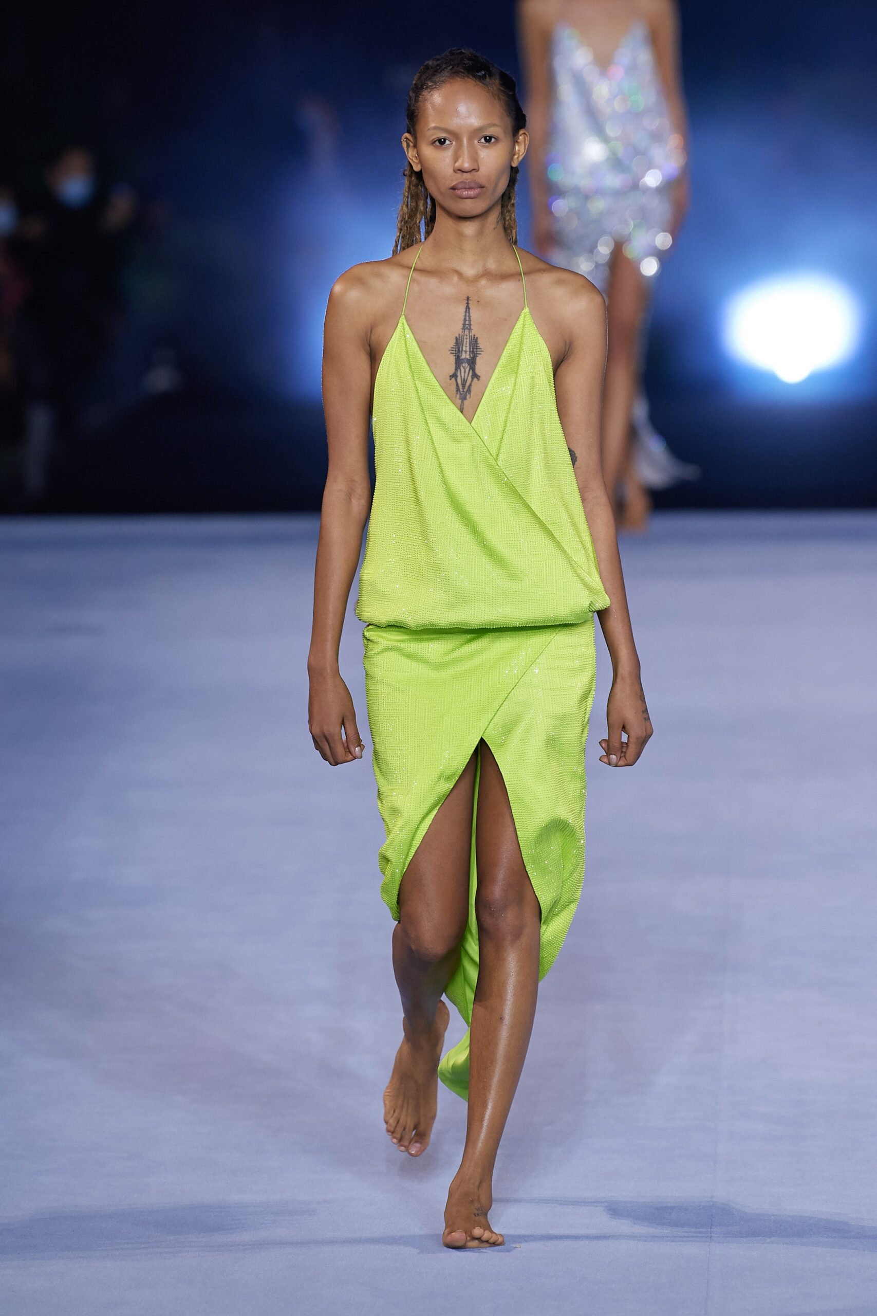 green silk sleeveless dress