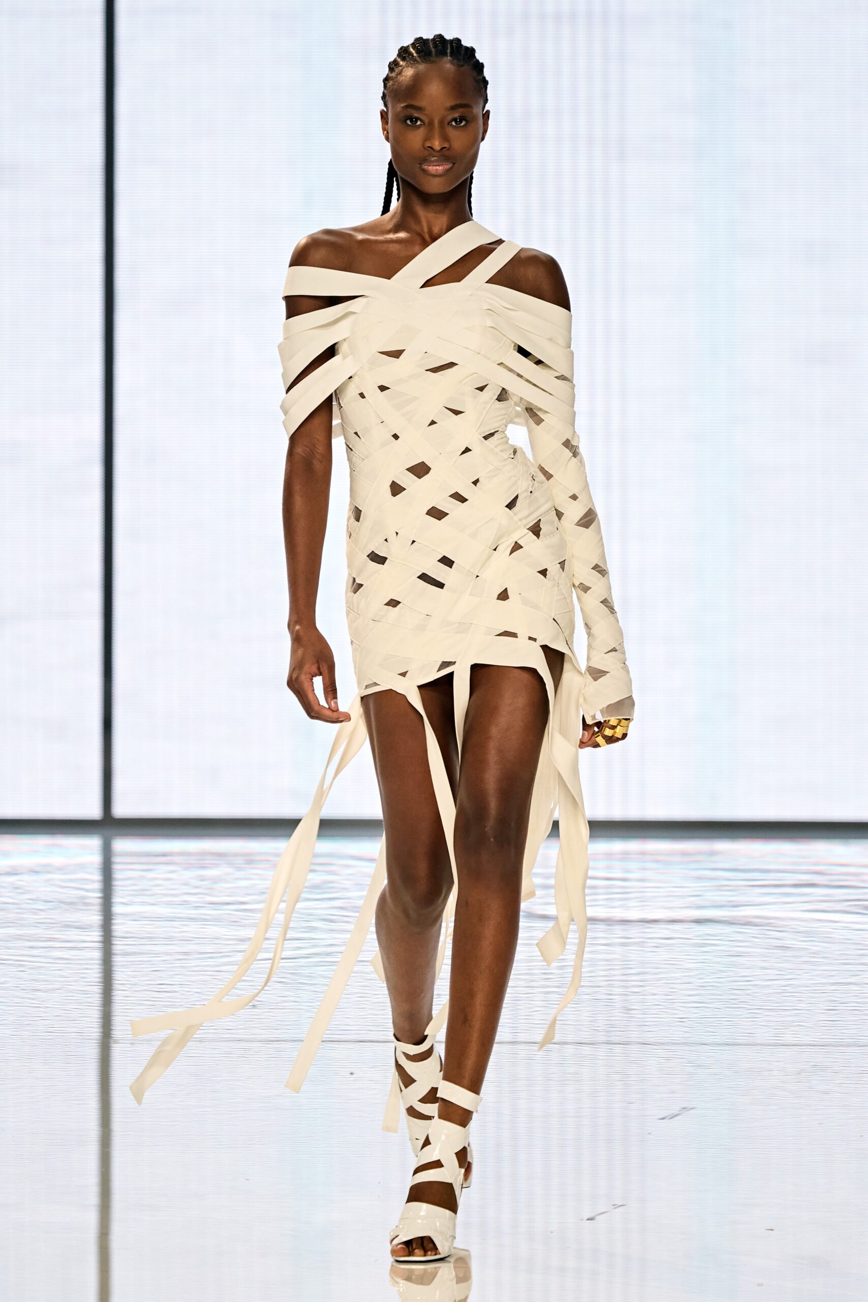 white fitted off-shoulder dress