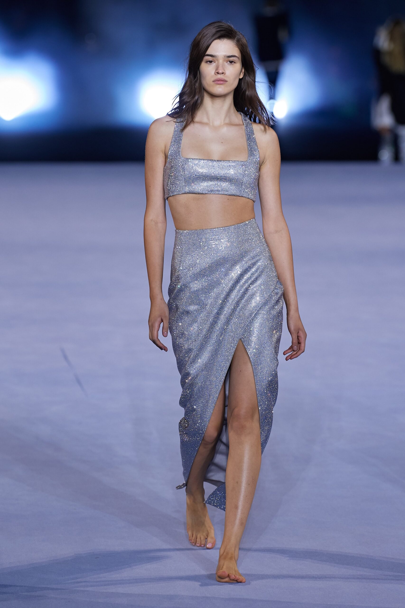 shiny silver crop-top and skirt
