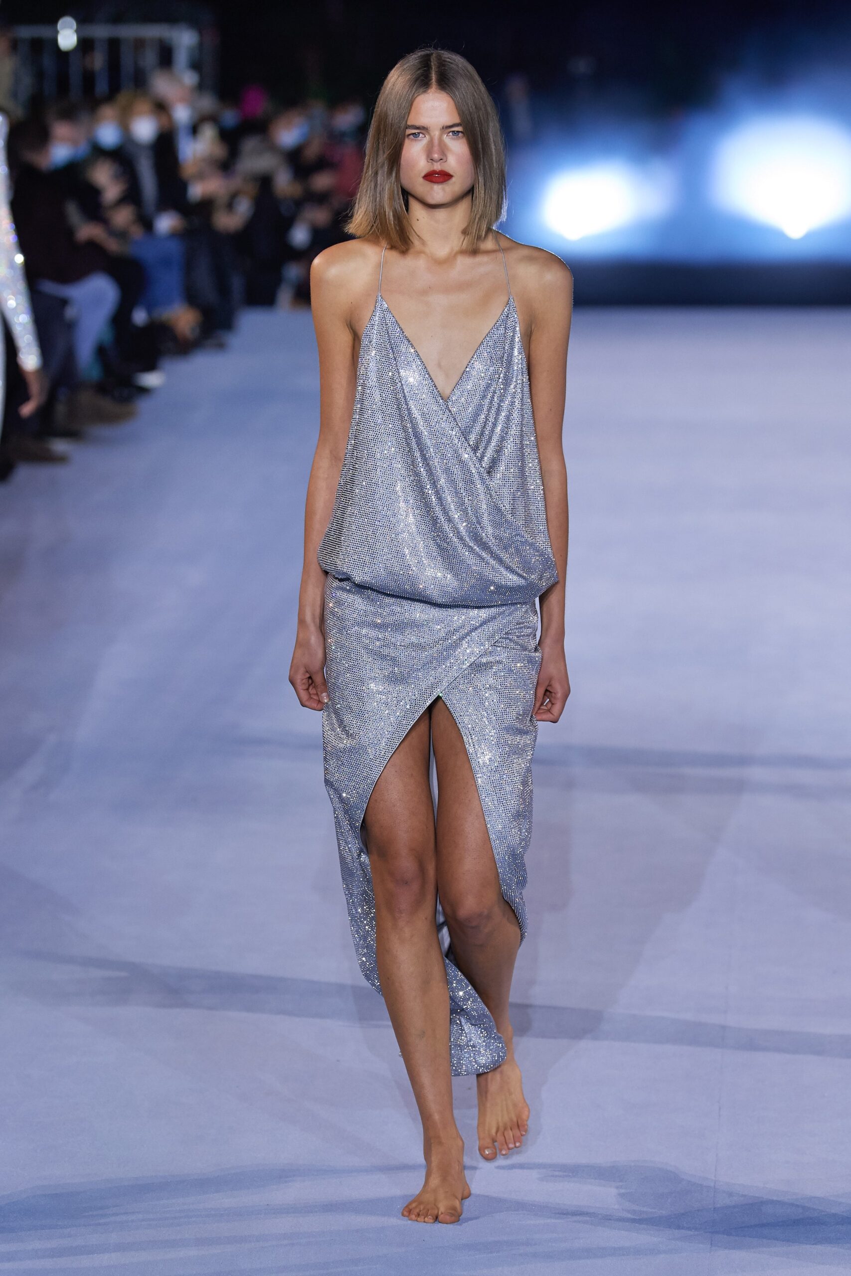 shiny silver draped midi dress