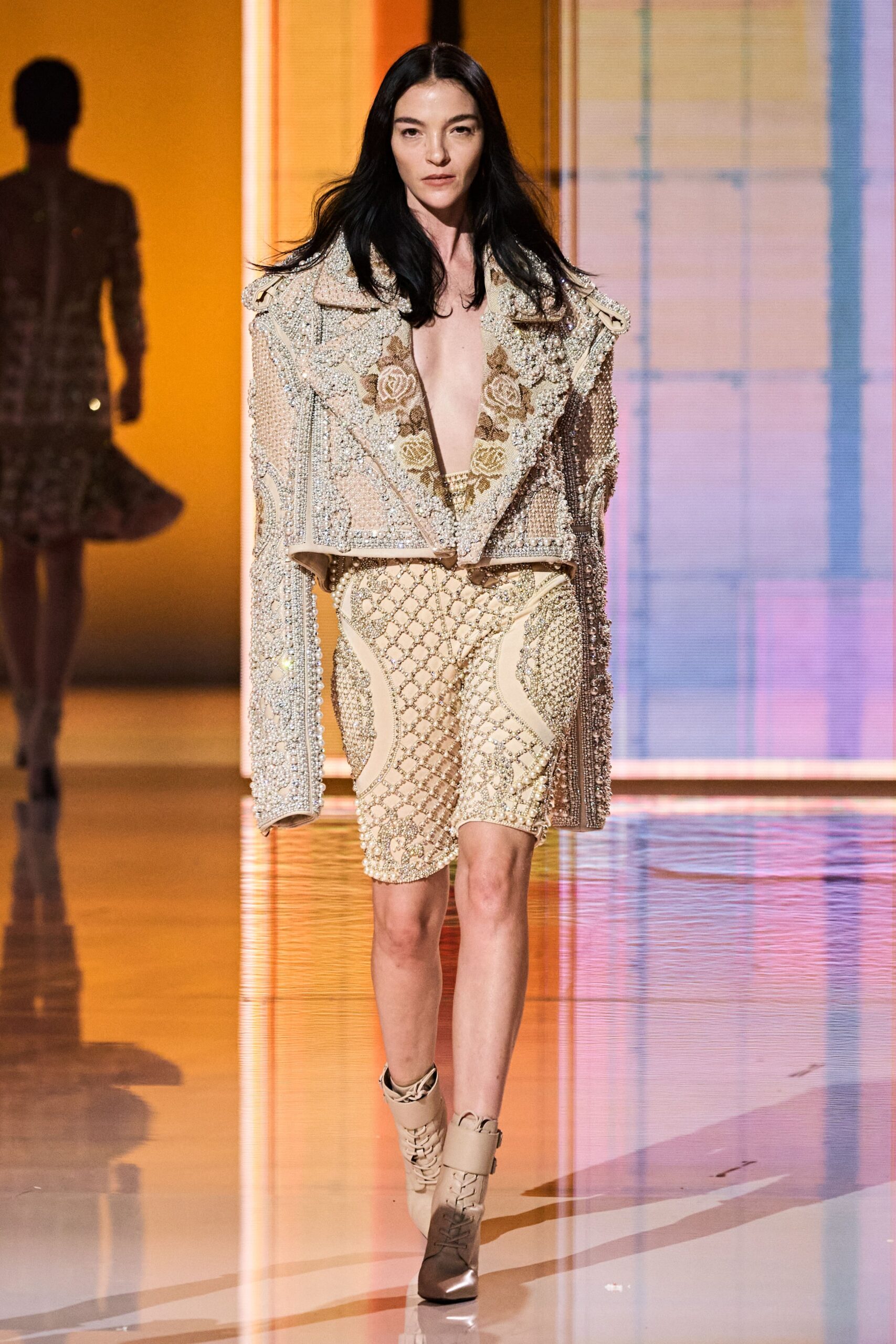 beige silk fitted jacket and shorts