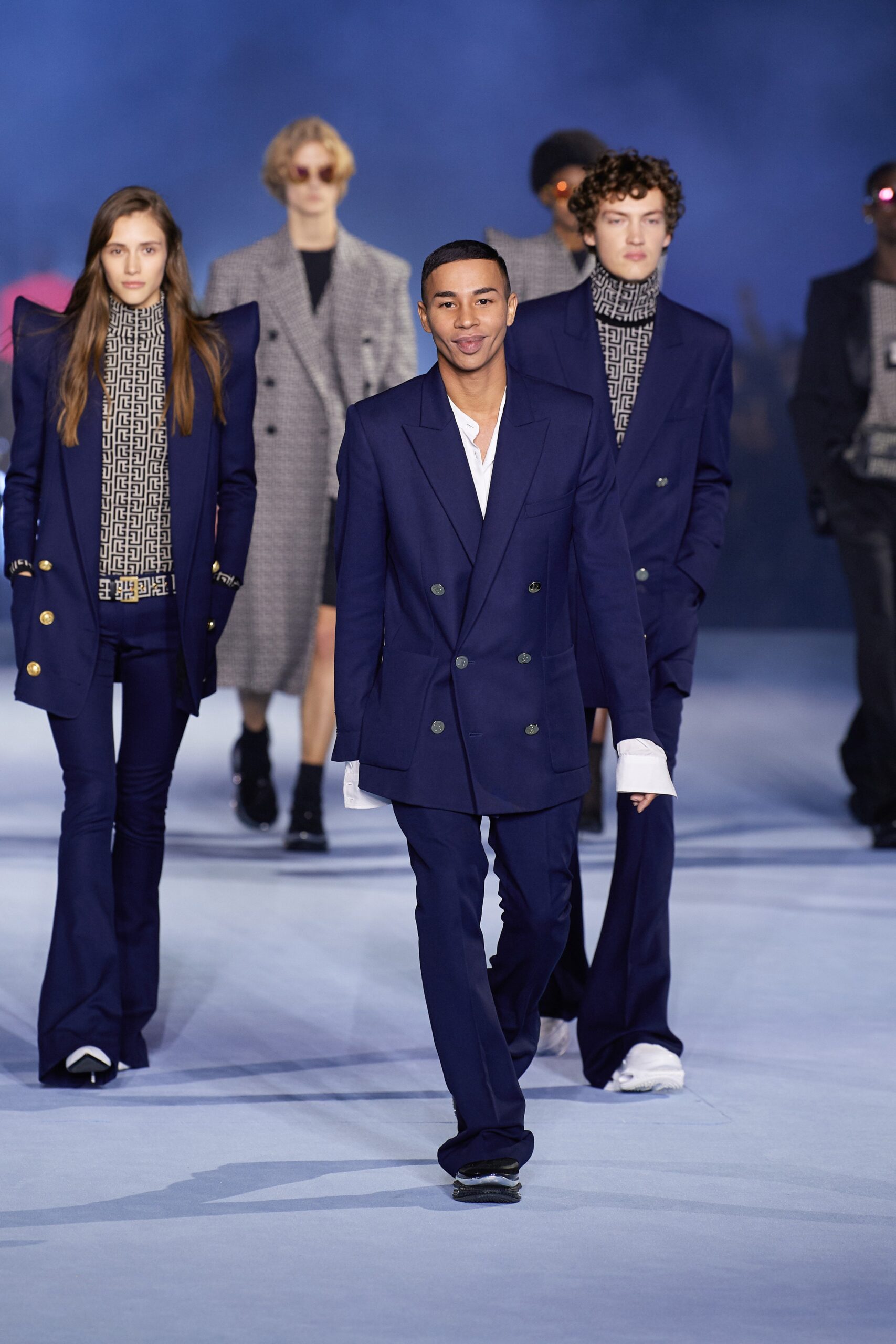 blue tailored suit with printed shirt